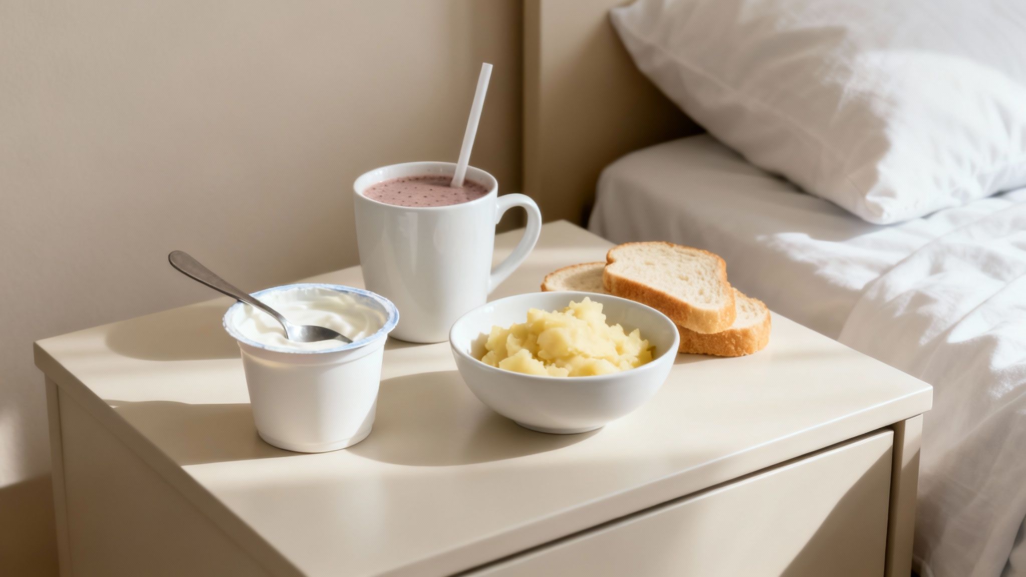 A recovery meal on a bedside table, featuring yogurt, a smoothie, mashed potatoes, and bread next to a bed.