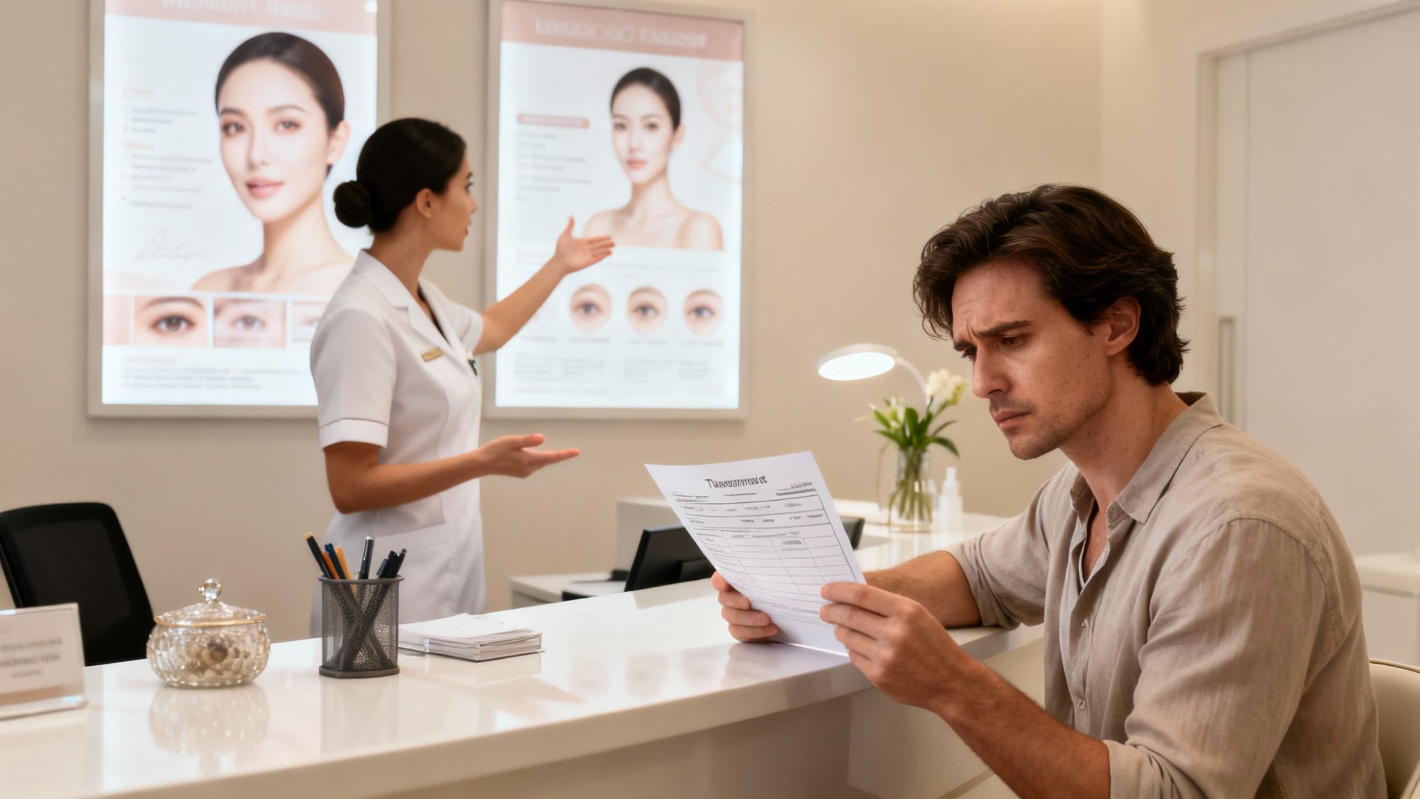 A man reads a document at a clinic reception while a staff member explains procedures.