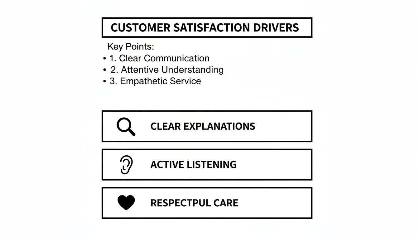 A diagram outlining customer satisfaction drivers with key points like clear communication and empathetic service.