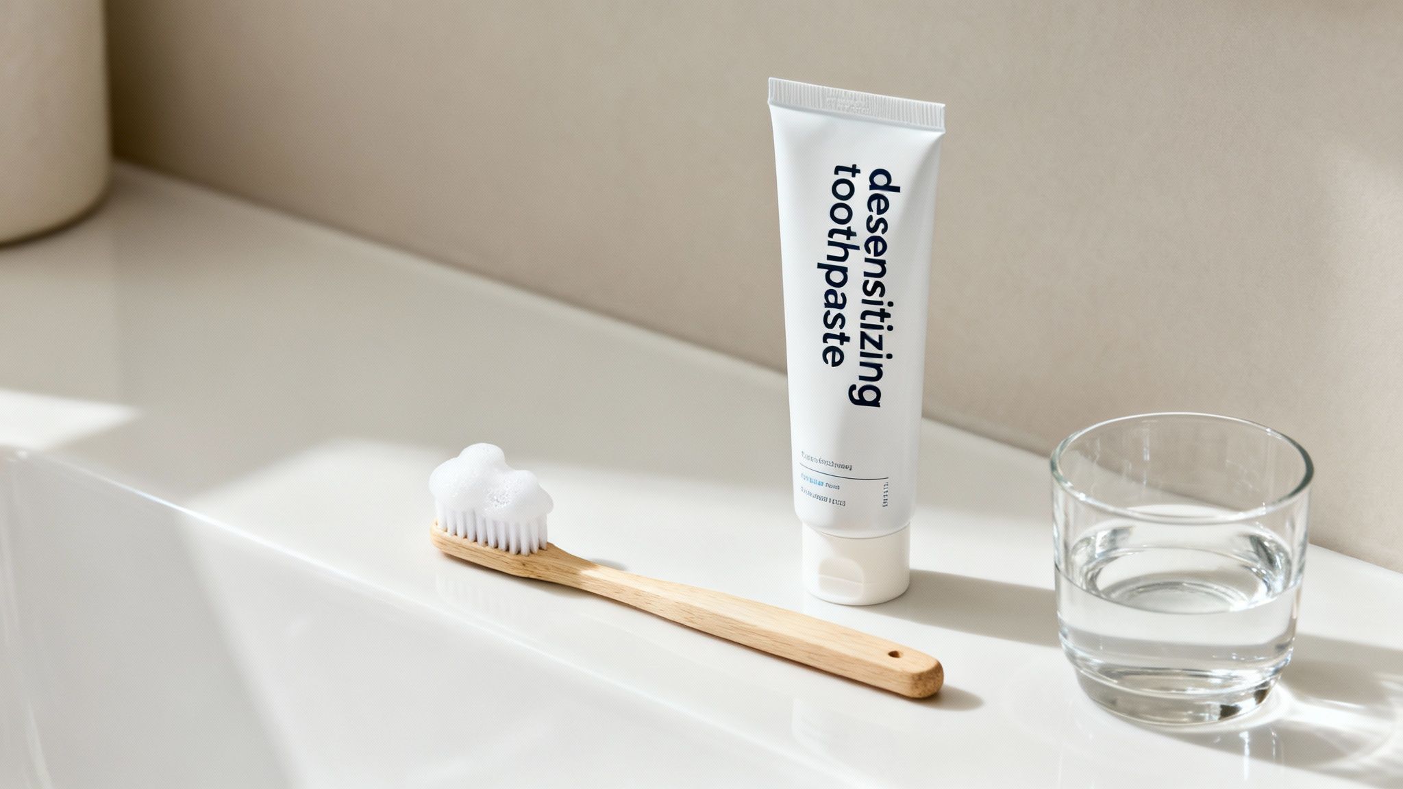 Desensitizing toothpaste, wooden toothbrush with foam, and a glass of water on a bathroom counter.