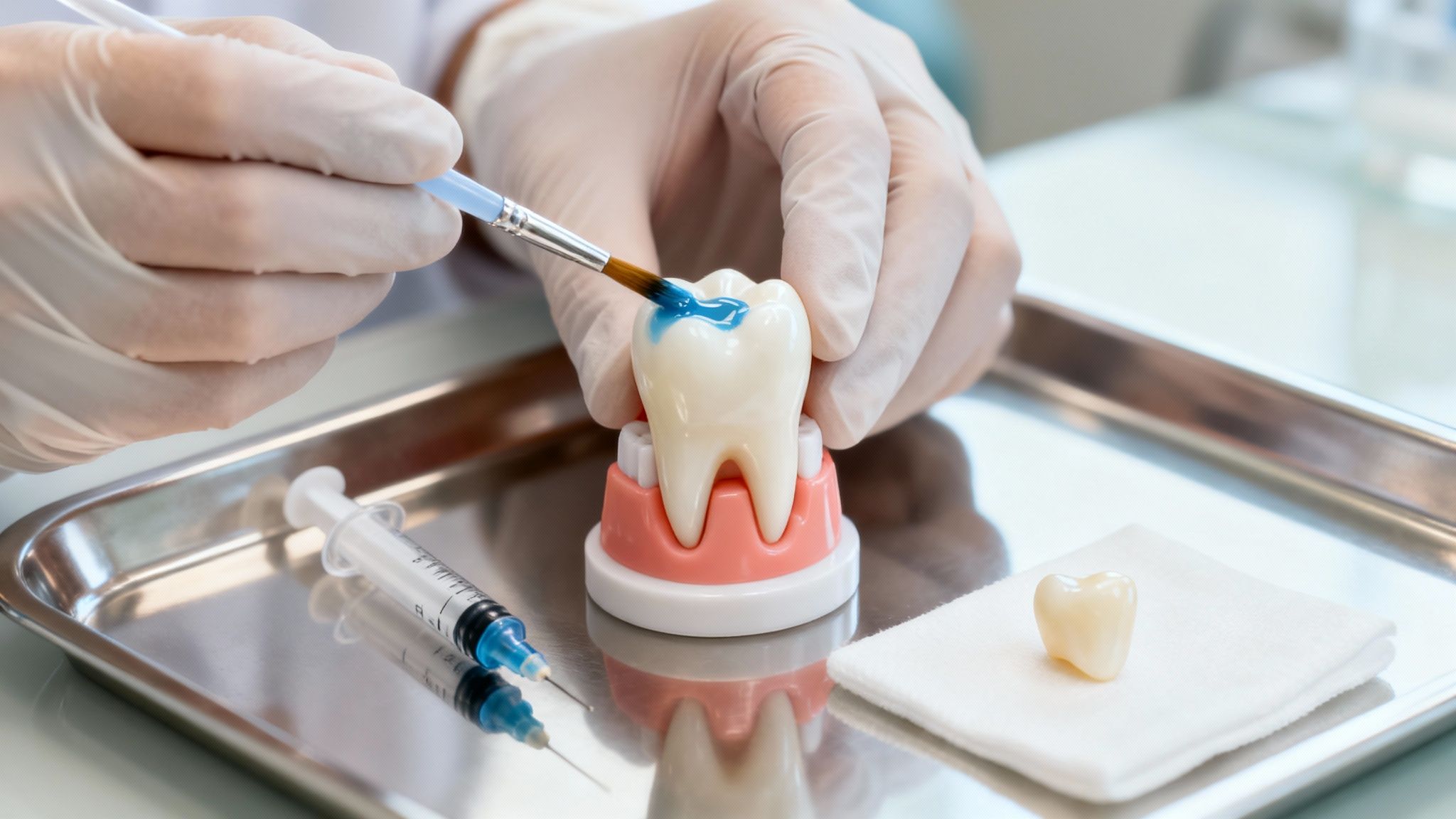 Gloved hands apply blue substance to a tooth model with a brush on a dental tray.