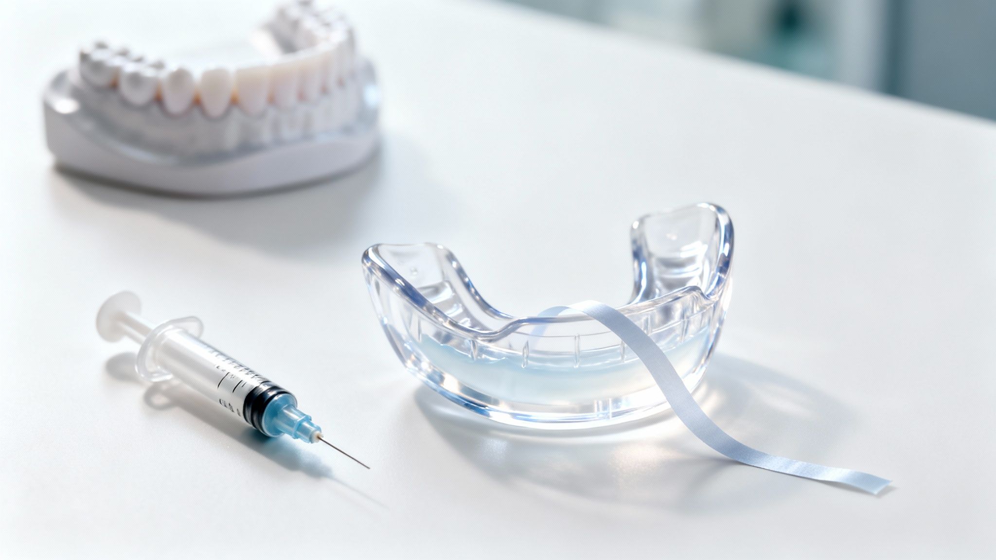 A close-up of dental tools including a syringe, a clear mouthguard, and a teeth model.