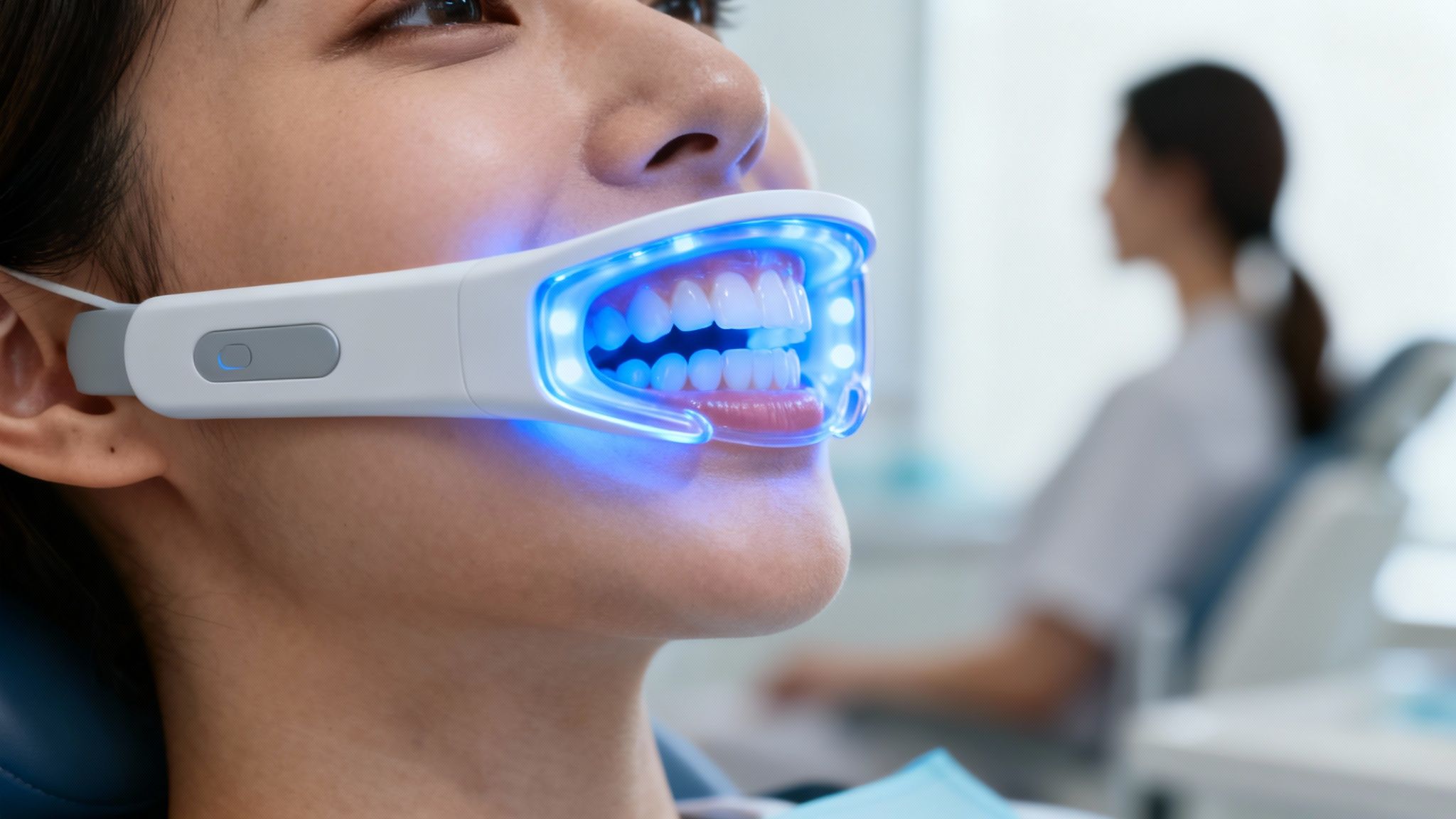 Close-up of a person undergoing teeth whitening treatment with a blue light device in a dental clinic.