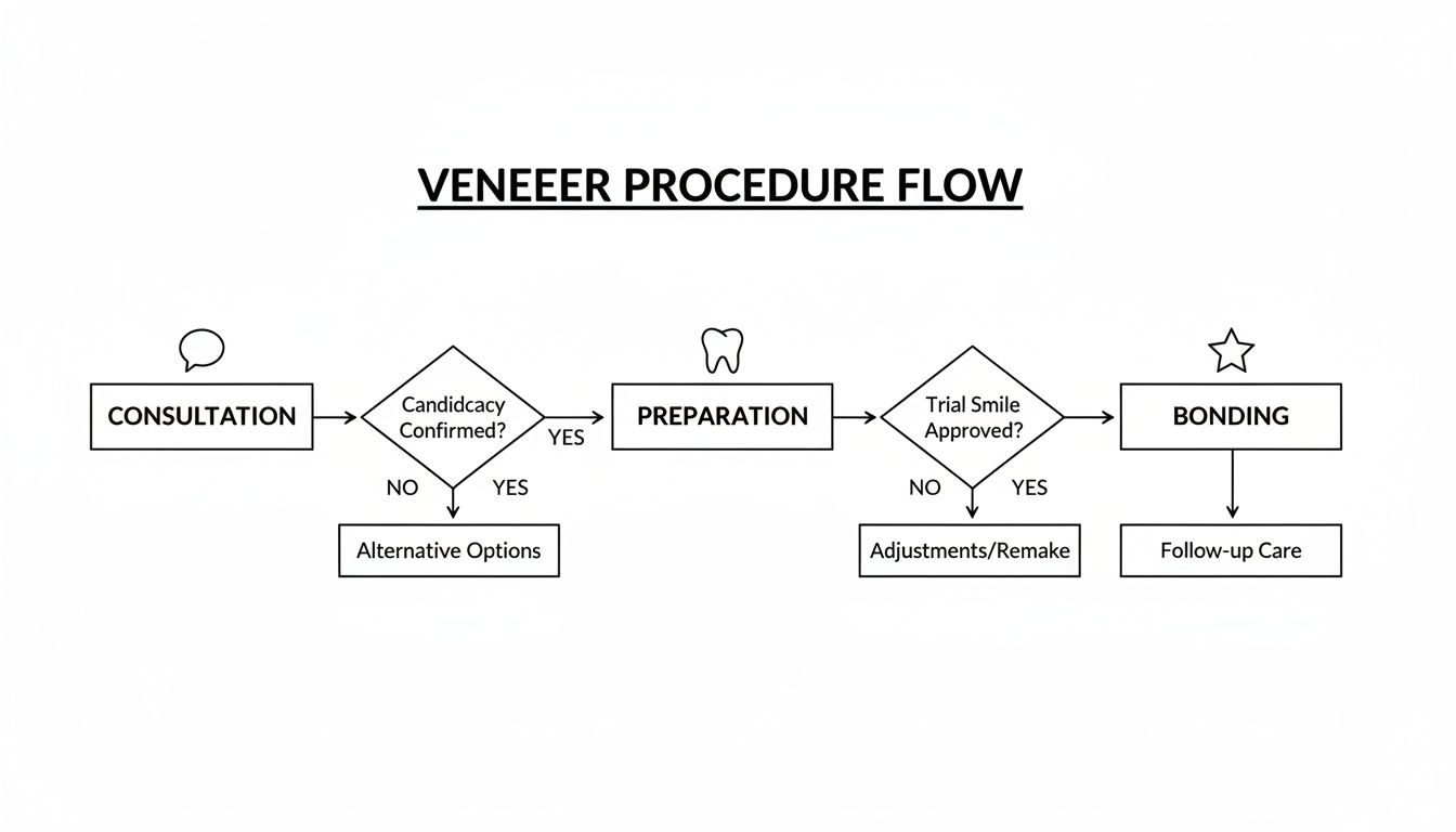 A flowchart illustrating the step-by-step procedure for veneer application, from initial consultation to follow-up care.