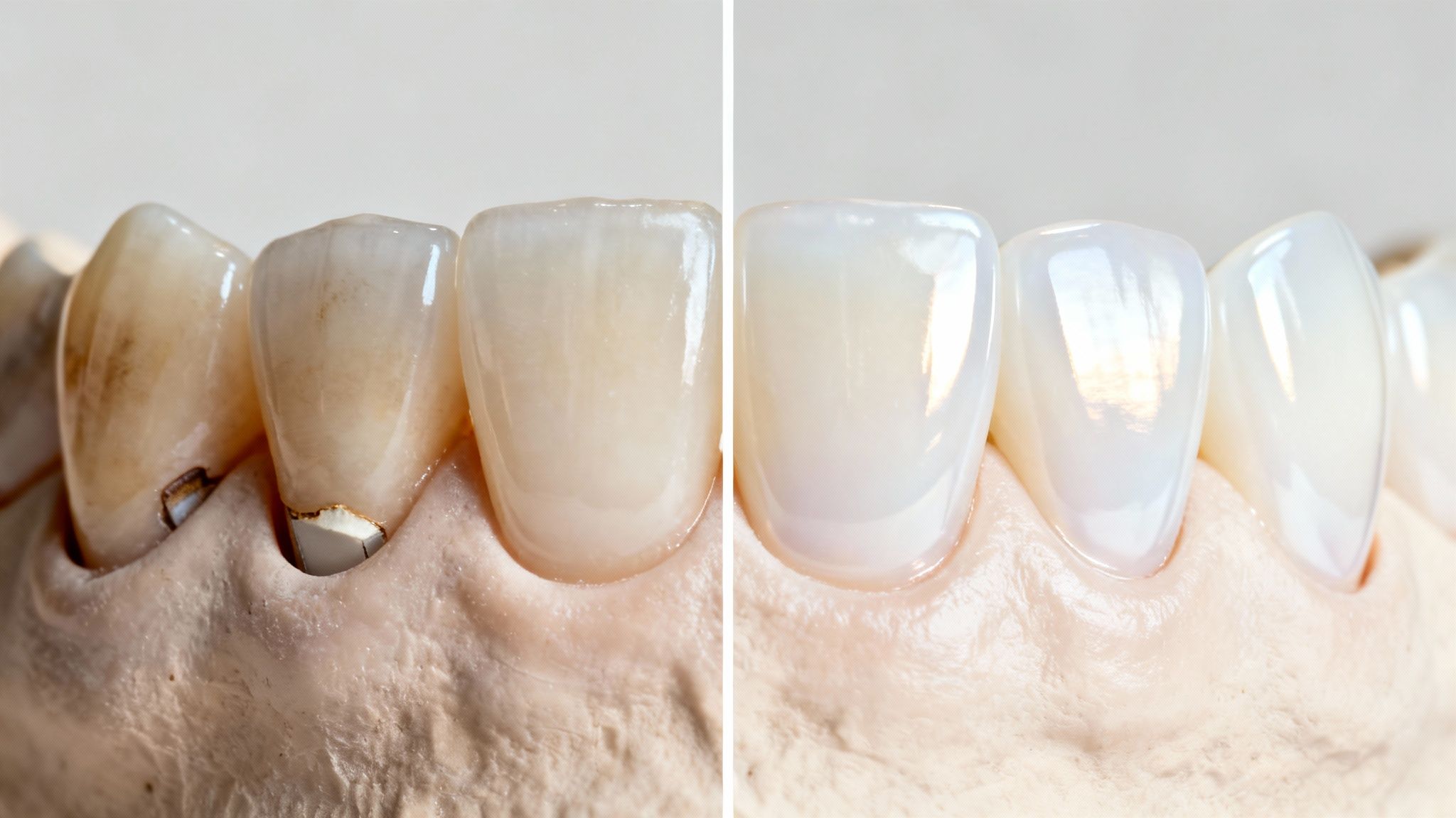 Before and after comparison of dental work on a model, showing damaged teeth replaced by bright porcelain veneers.
