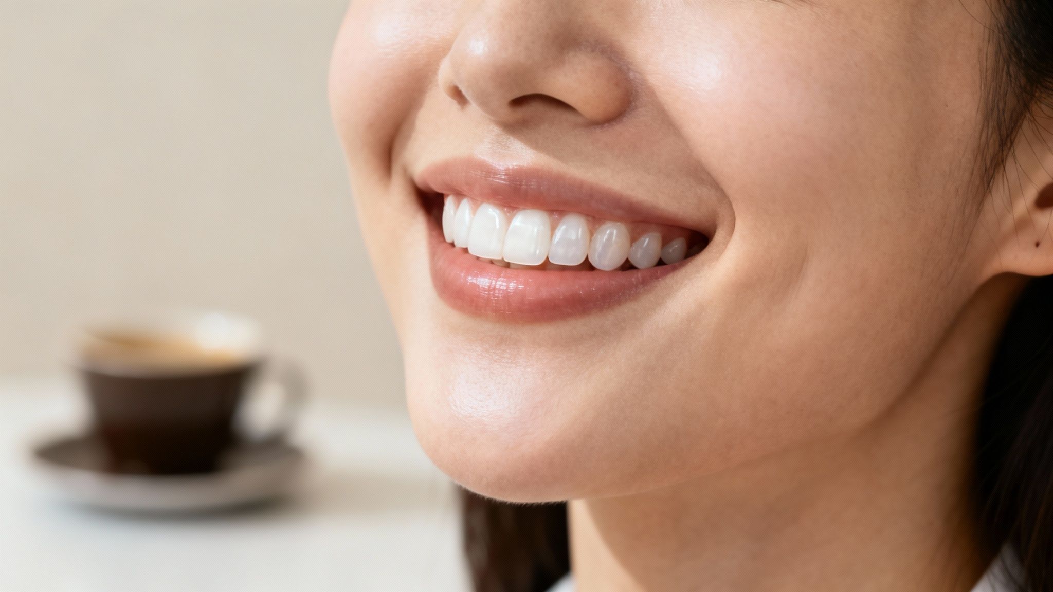Close-up of a person smiling brightly, showcasing perfect white teeth and healthy gums.