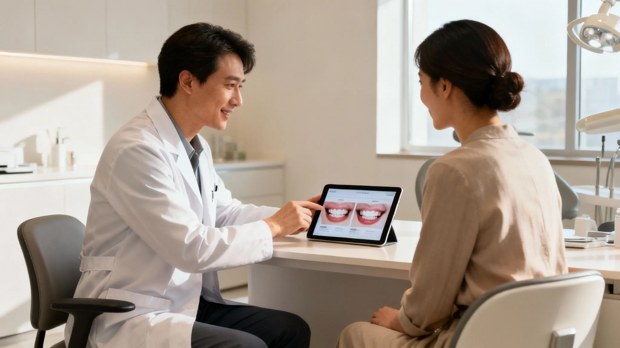 A male dentist in a white coat shows teeth comparison images on a tablet to a female patient.