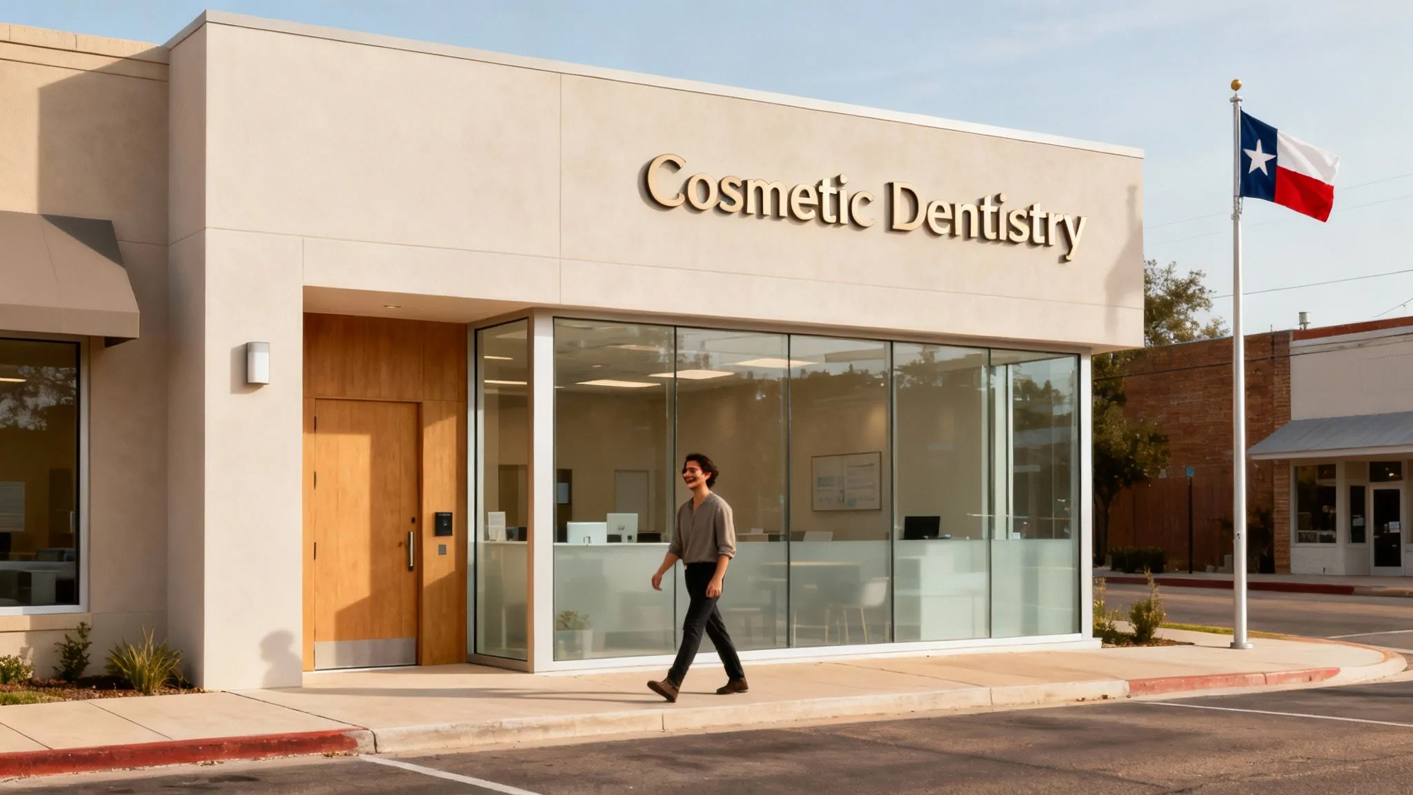 A man walks past a modern building with a 'Cosmetic Dentistry' sign and a Texas flag.