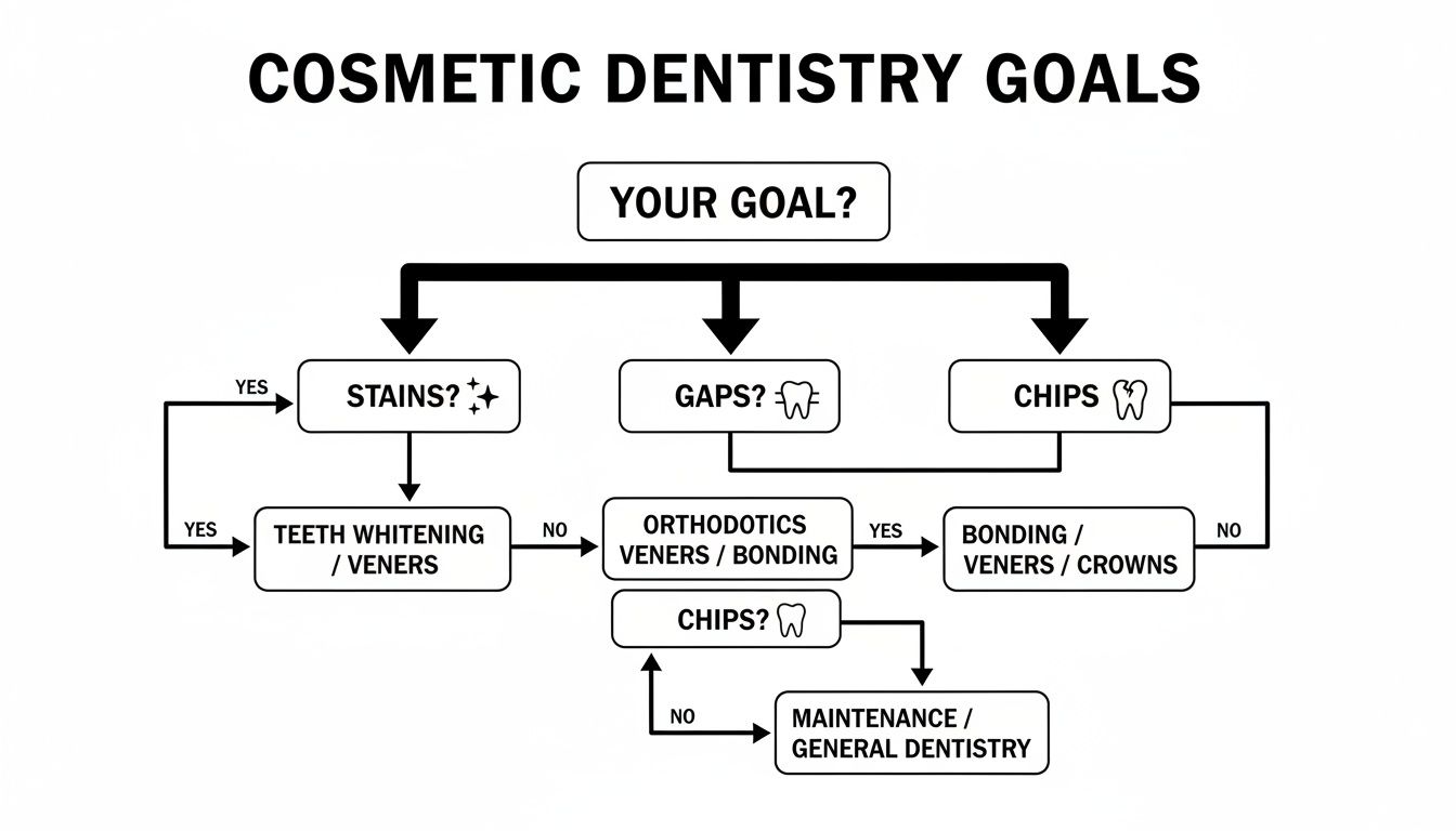 Flowchart guiding through cosmetic dentistry goals and treatments for stains, gaps, and chips.