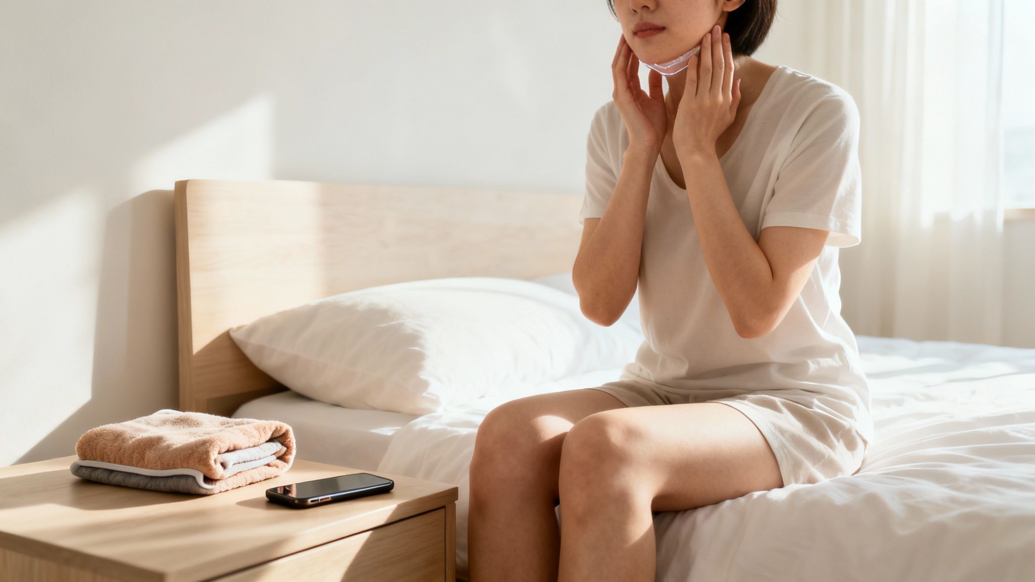 A woman in a white t-shirt adjusts a clear jaw guard on her face.