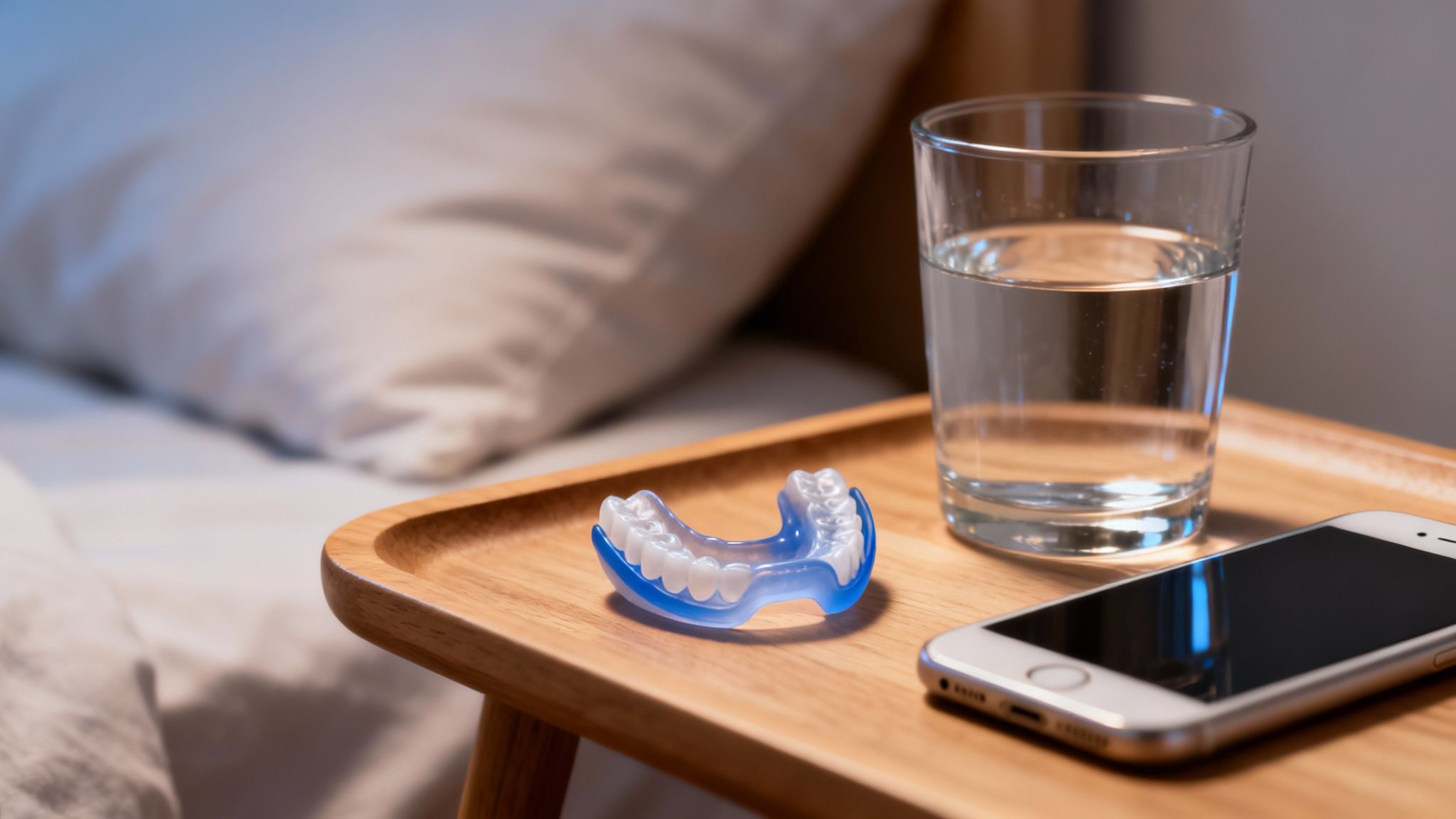A blue dental night guard, glass of water, and smartphone on a wooden nightstand next to a bed.