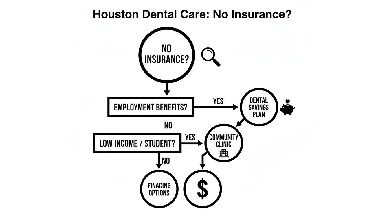 Flowchart guiding Houston residents without dental insurance through options based on employment, income, and student status.