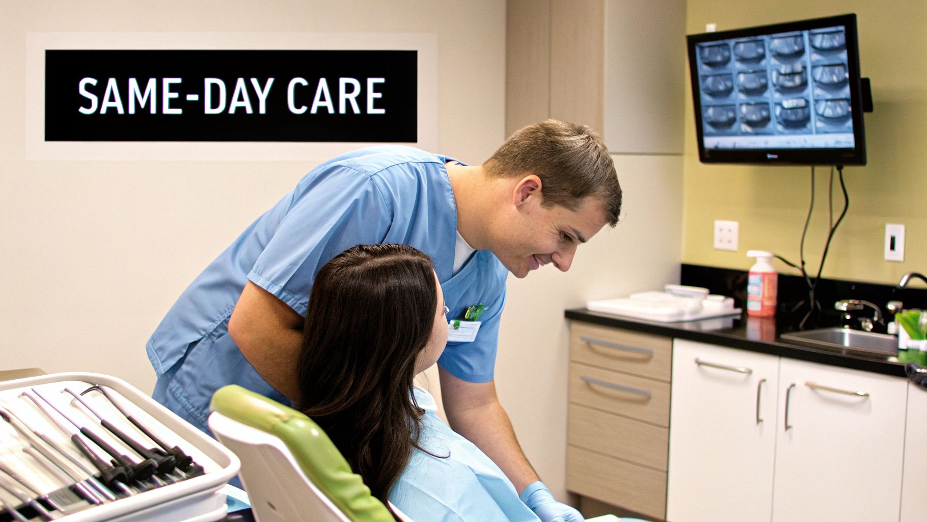 A male dentist smiles while talking to a female patient in a bright dental office.