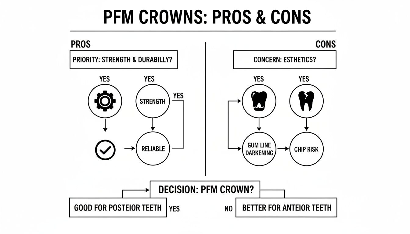 Flowchart analyzing PFM dental crown pros (strength, reliability) and cons (esthetic concerns, chip risk, gum darkening).