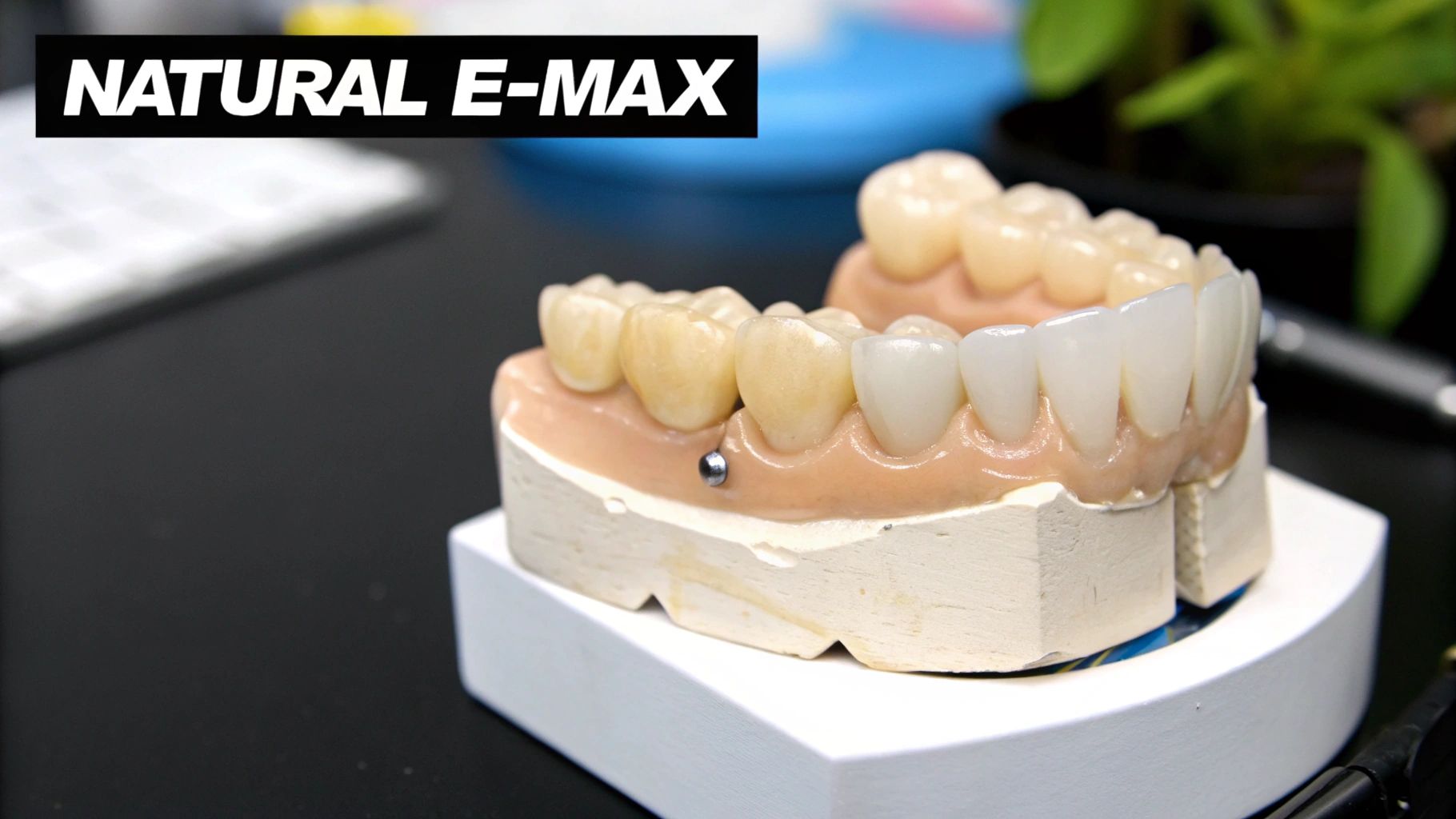 A detailed dental model displaying natural E-MAX crowns and prosthetic teeth on a white stand.