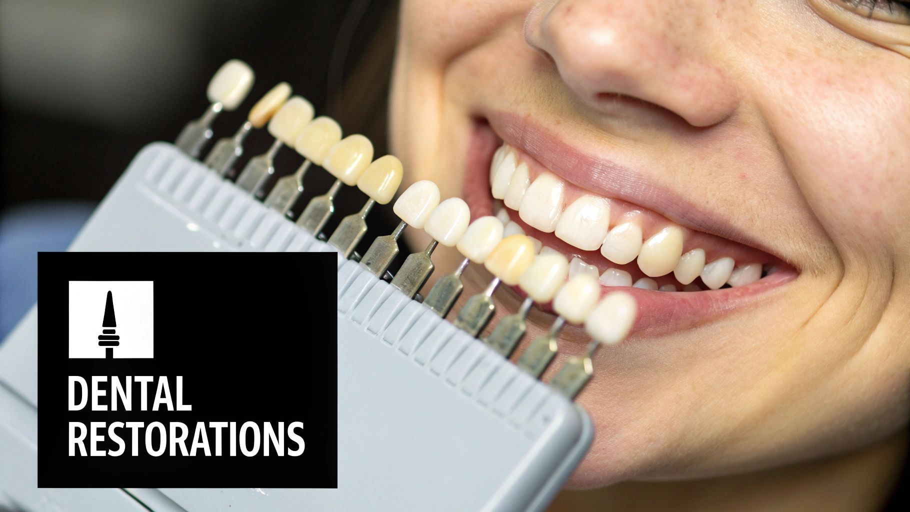 Close-up of a person smiling, with a dental shade guide matching tooth colors for restorations.
