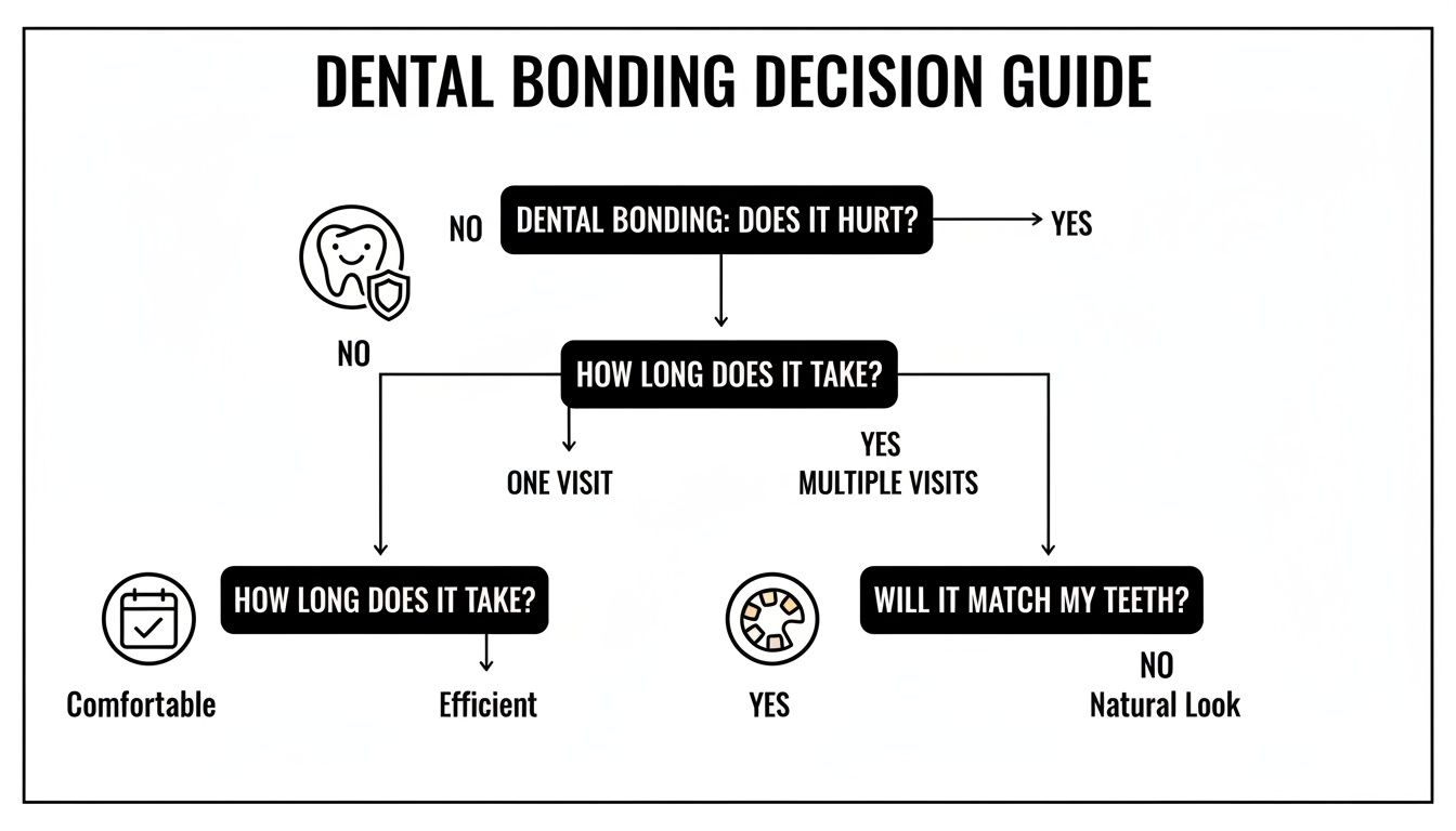 Flowchart decision guide for dental bonding, addressing pain, duration, and aesthetic outcomes.