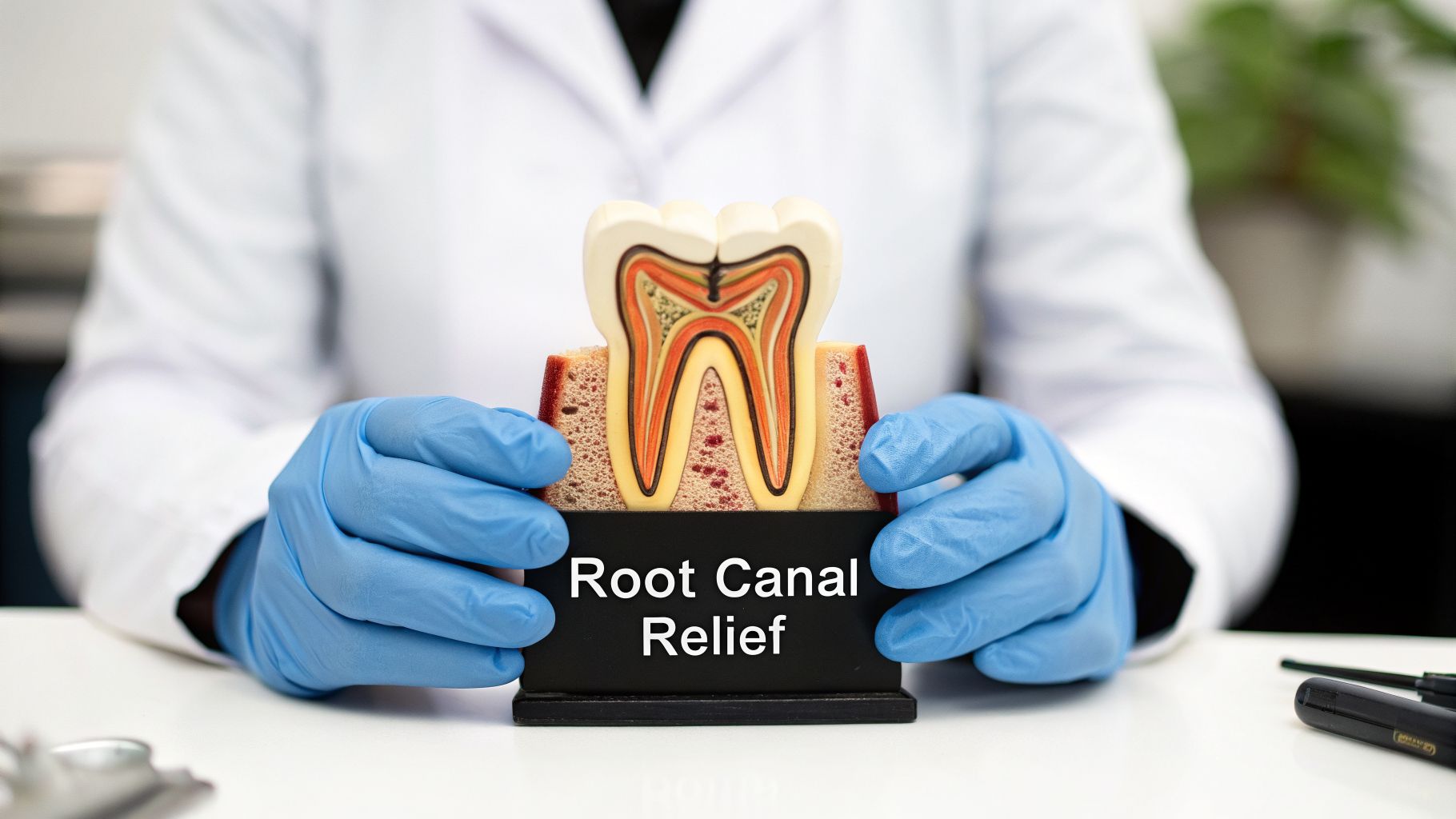A person in blue gloves holds a tooth anatomy model displaying 'Root Canal Relief' text.