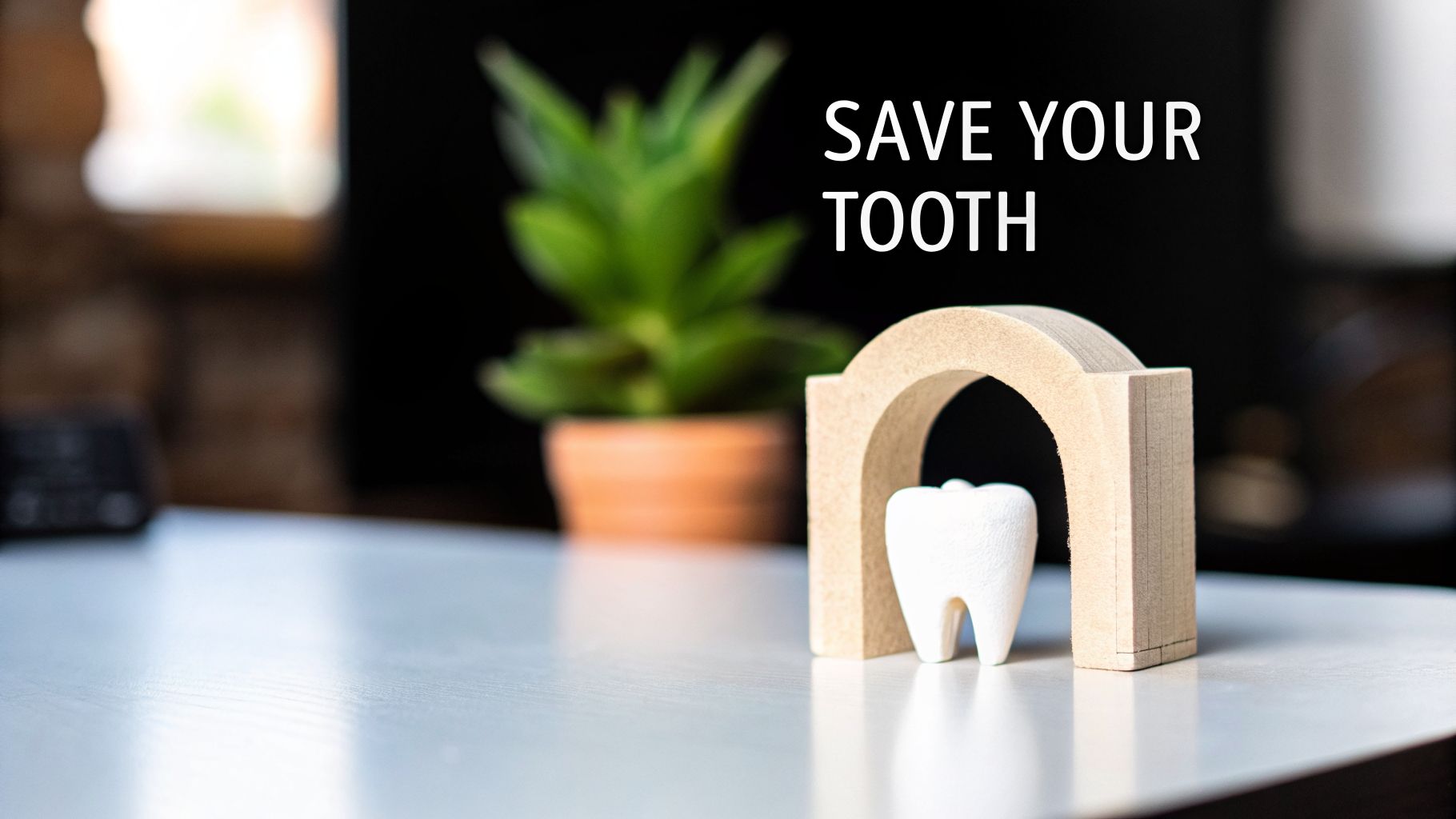 A white tooth model under a wooden arch with 'SAVE YOUR TOOTH' text, symbolizing dental care.