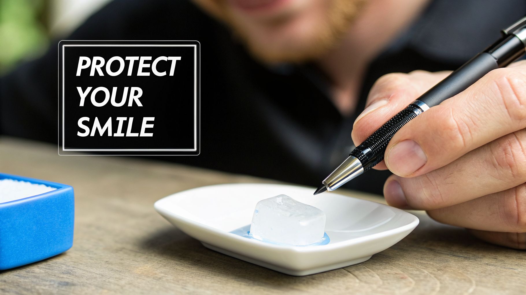 Close-up of a person's hand with a pen pointing at a sugar cube, with 'PROTECT YOUR SMILE' overlay.