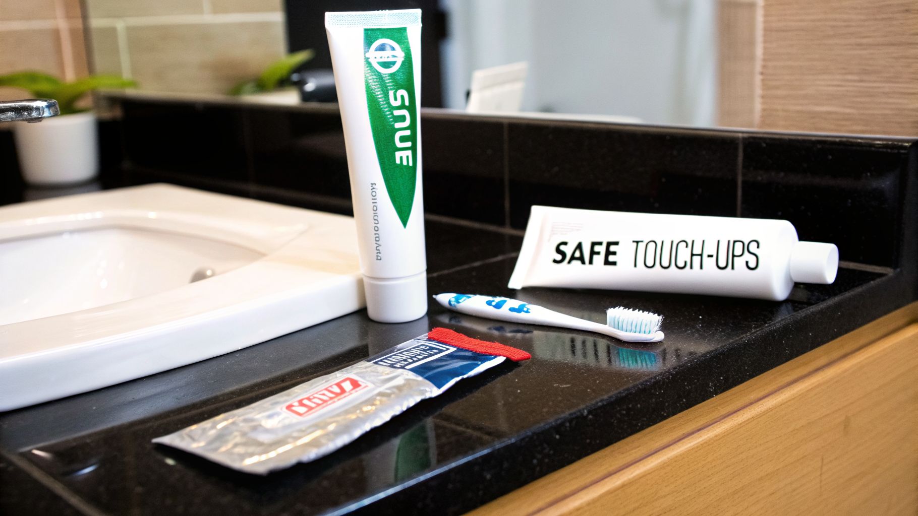 Close-up of a bathroom counter with a white sink, toothpaste tubes, and a toothbrush.
