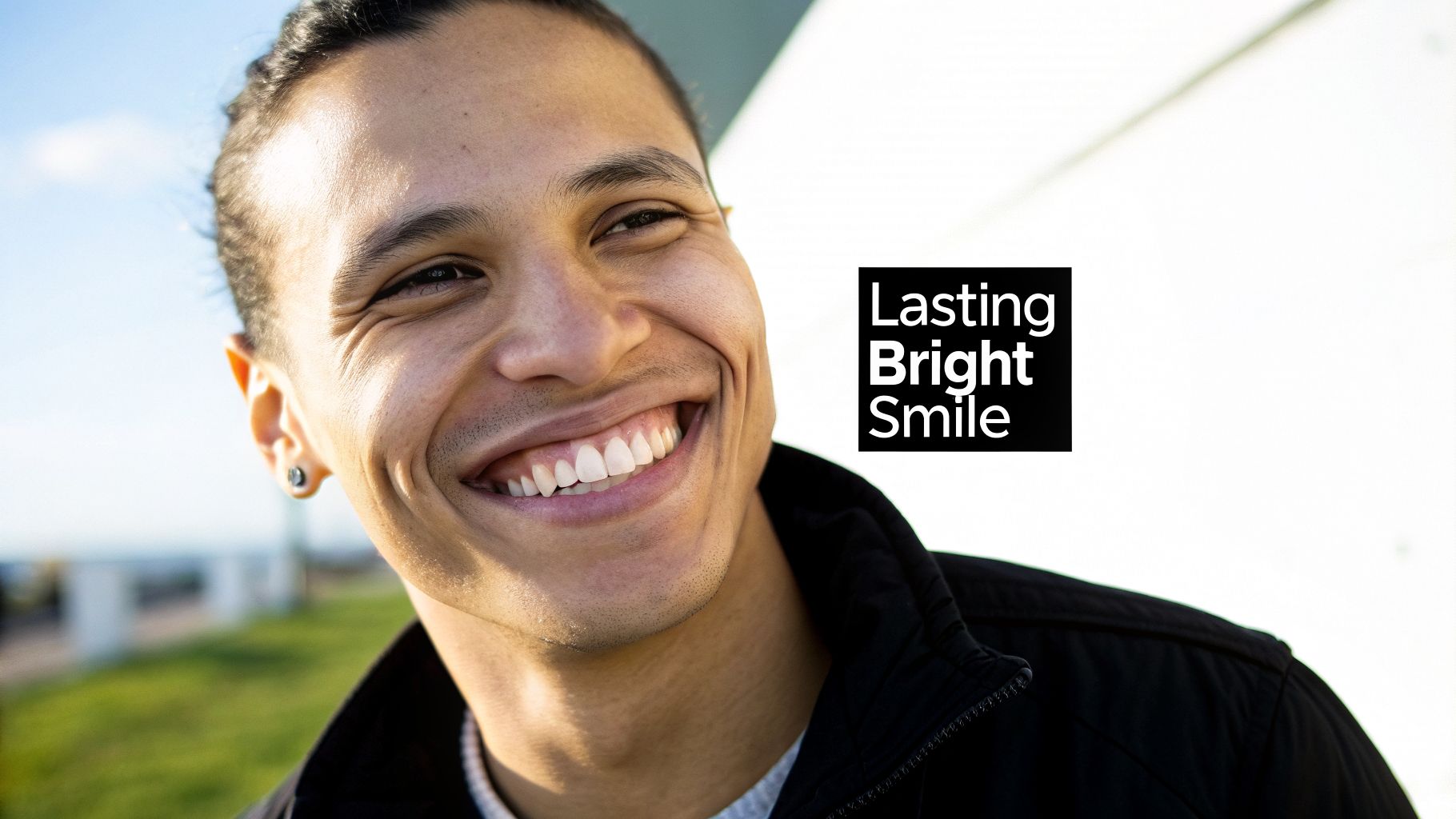 A young man with a bright, wide smile showing his white teeth outdoors.