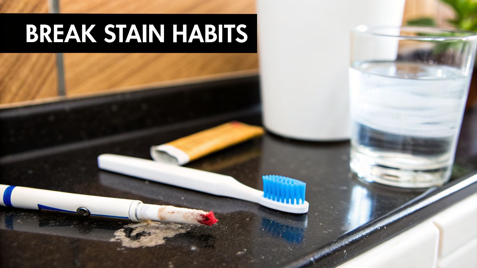 A manual and electric toothbrush, toothpaste, and a glass of water on a counter, highlighting a red stain.