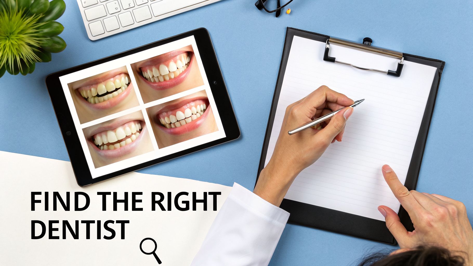 Flat lay of a desk with a tablet showing dental transformations and a person writing.