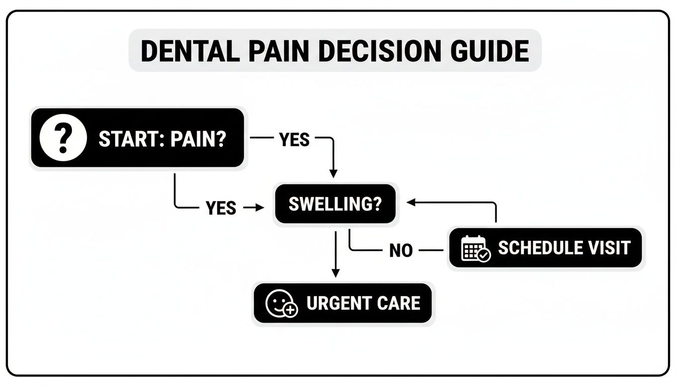 A flowchart decision guide for dental pain, leading to scheduling a visit or urgent care.