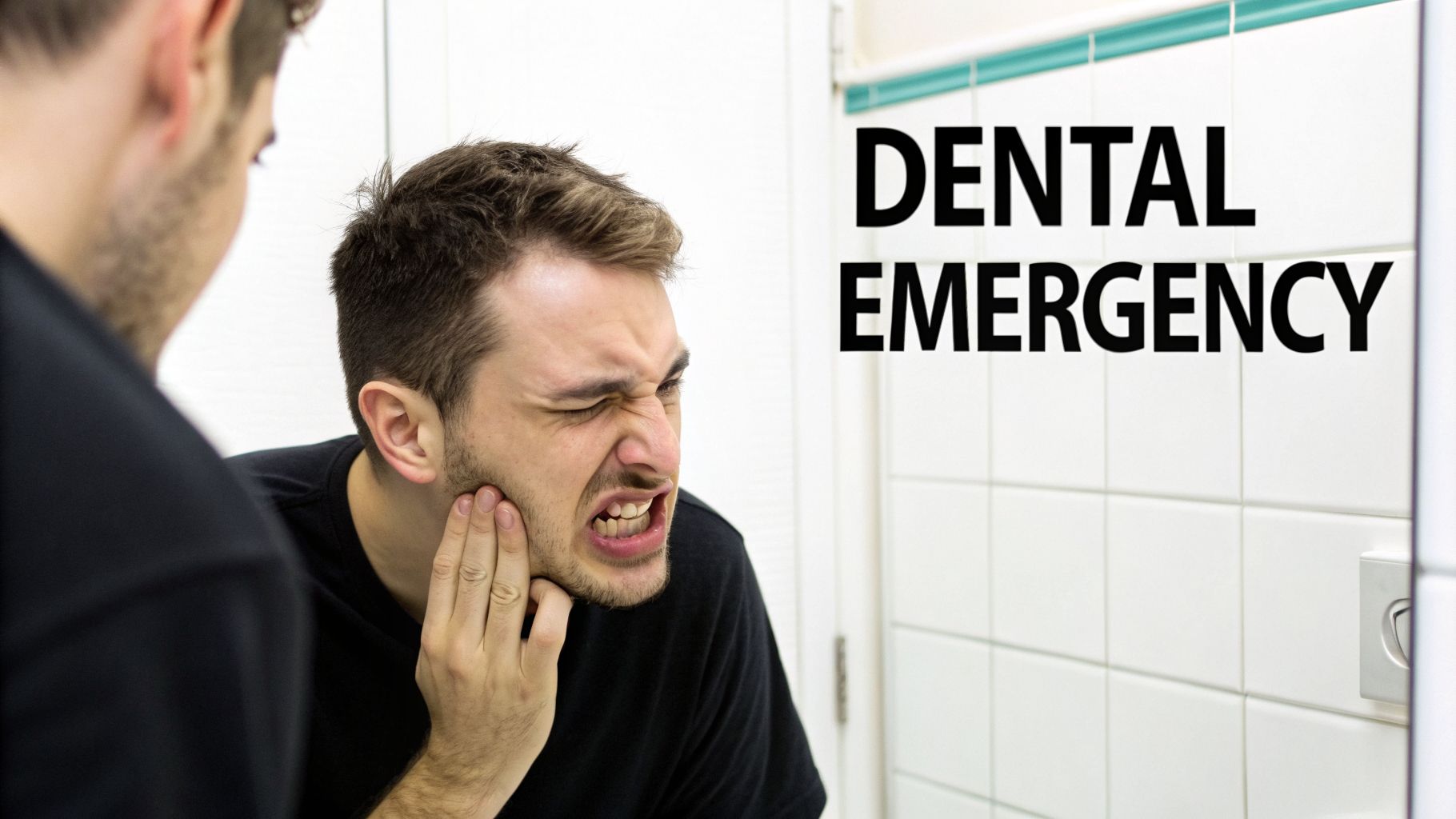 A man looks into a mirror, holding his jaw in pain, with text 'DENTAL EMERGENCY'.