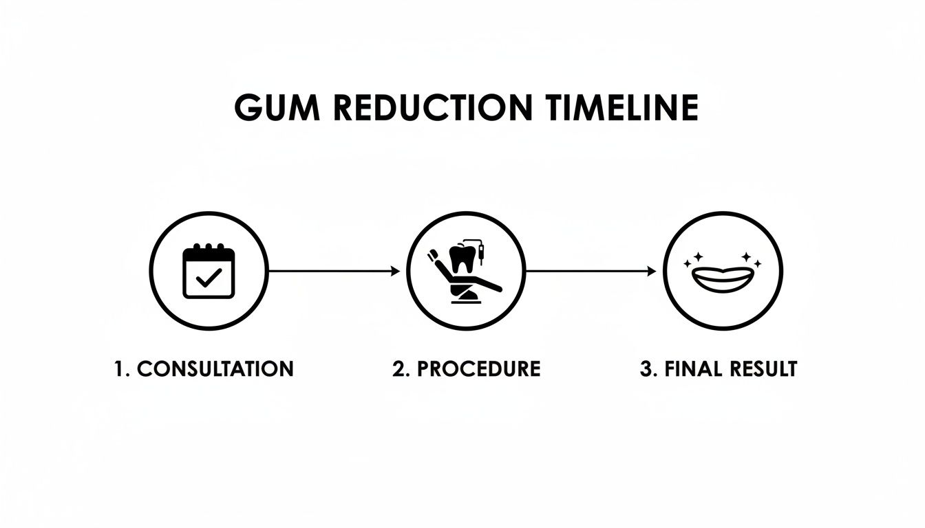A timeline showing the three steps for gum reduction: consultation, procedure, and final result.