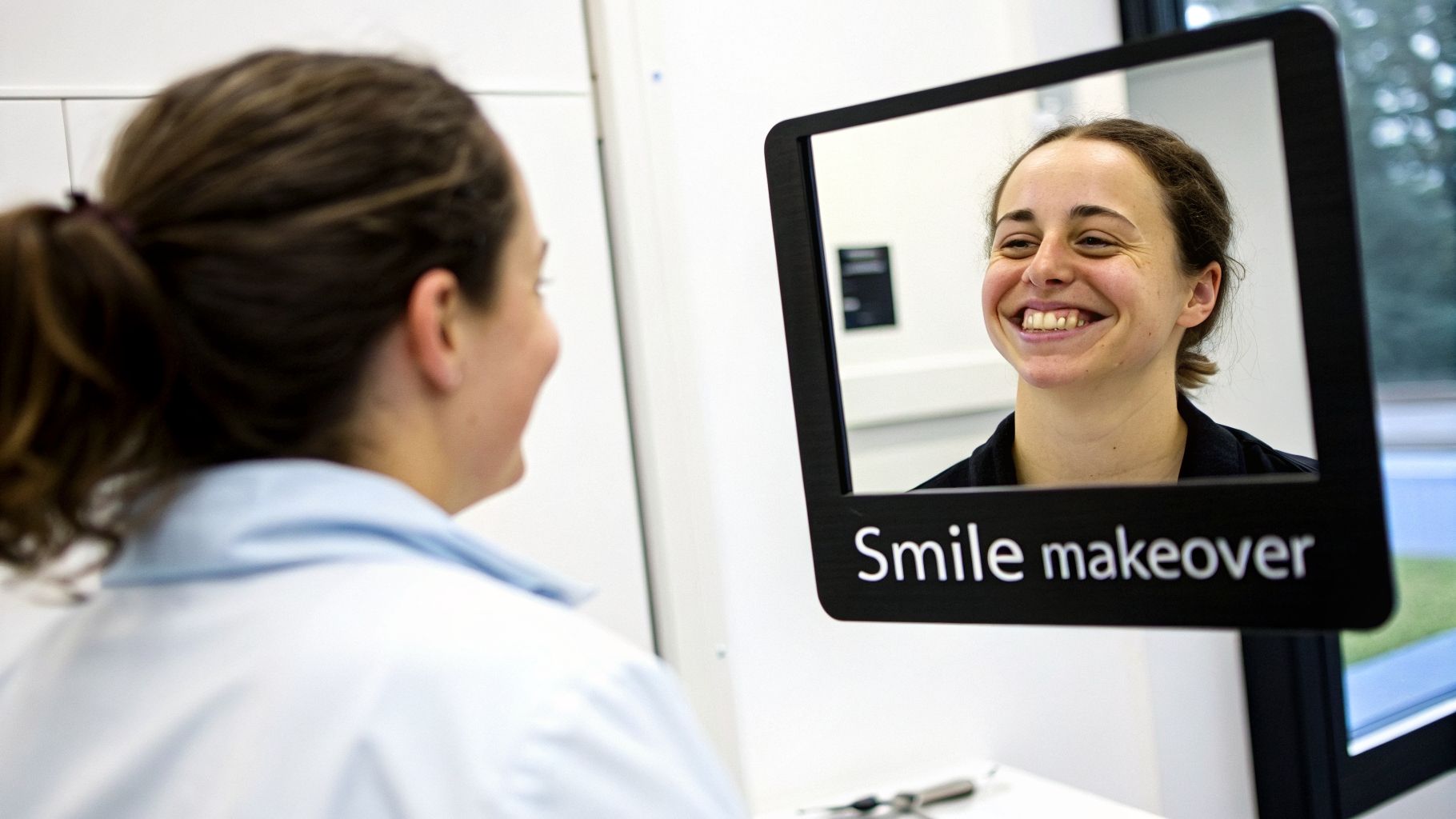 A patient smiles happily into a mirror displaying "Smile makeover," observed by a dental professional.