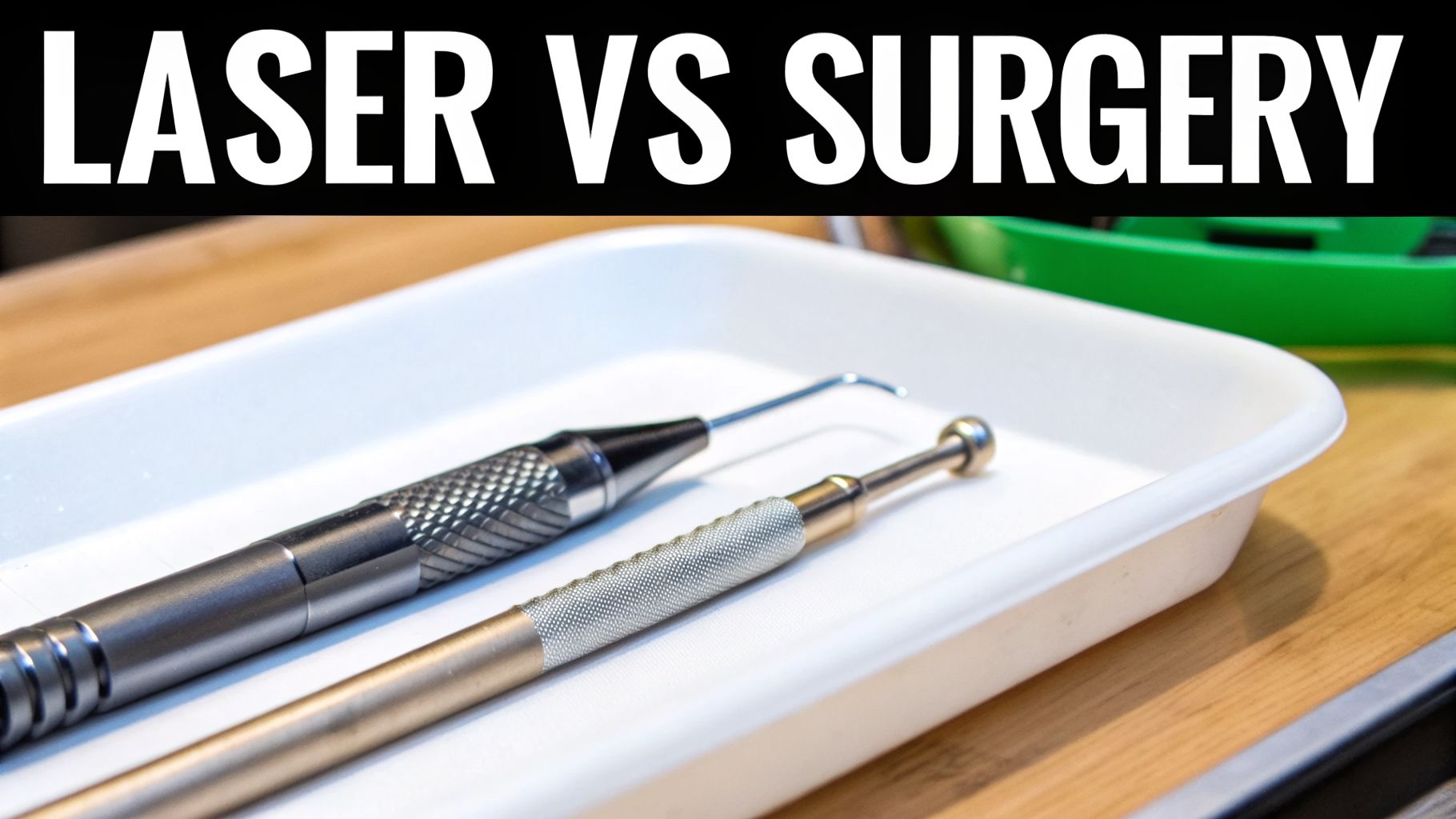 Two medical instruments rest in a white tray, under a banner reading 'LASER VS SURGERY'.