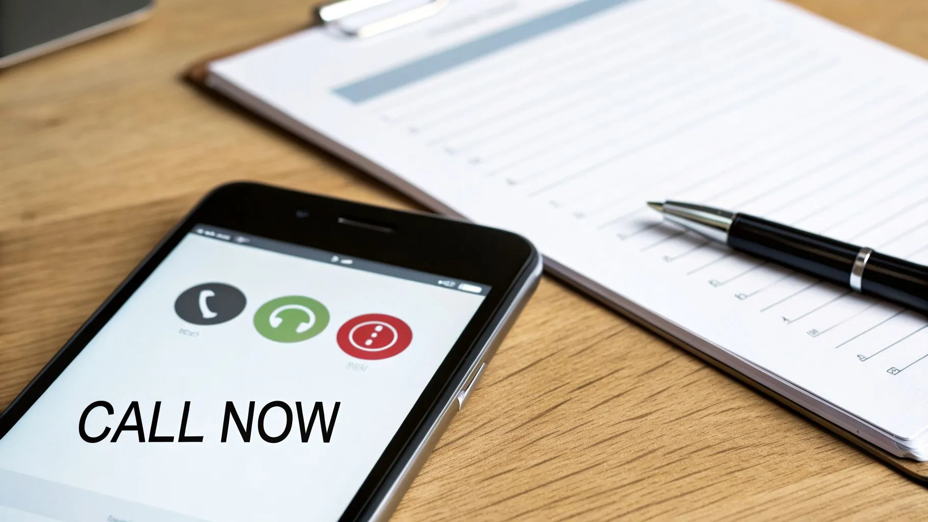 Close-up of a smartphone screen displaying 'CALL NOW' and call buttons, beside a pen and clipboard on a wooden desk.