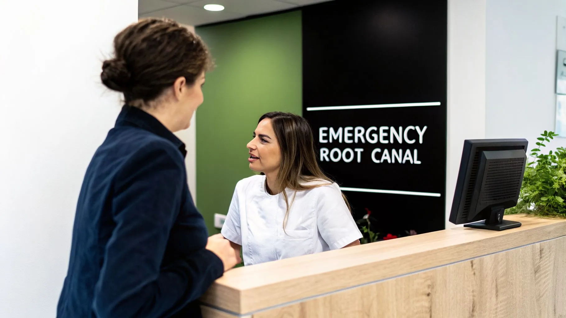 Two women at a dental clinic reception desk, discussing emergency root canal procedures.