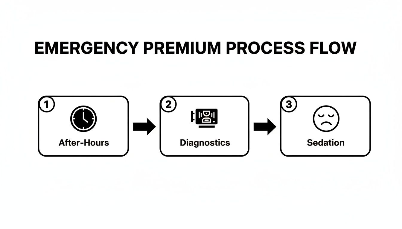 A process flow diagram illustrating three emergency premium steps: After-Hours, Diagnostics, and Sedation.