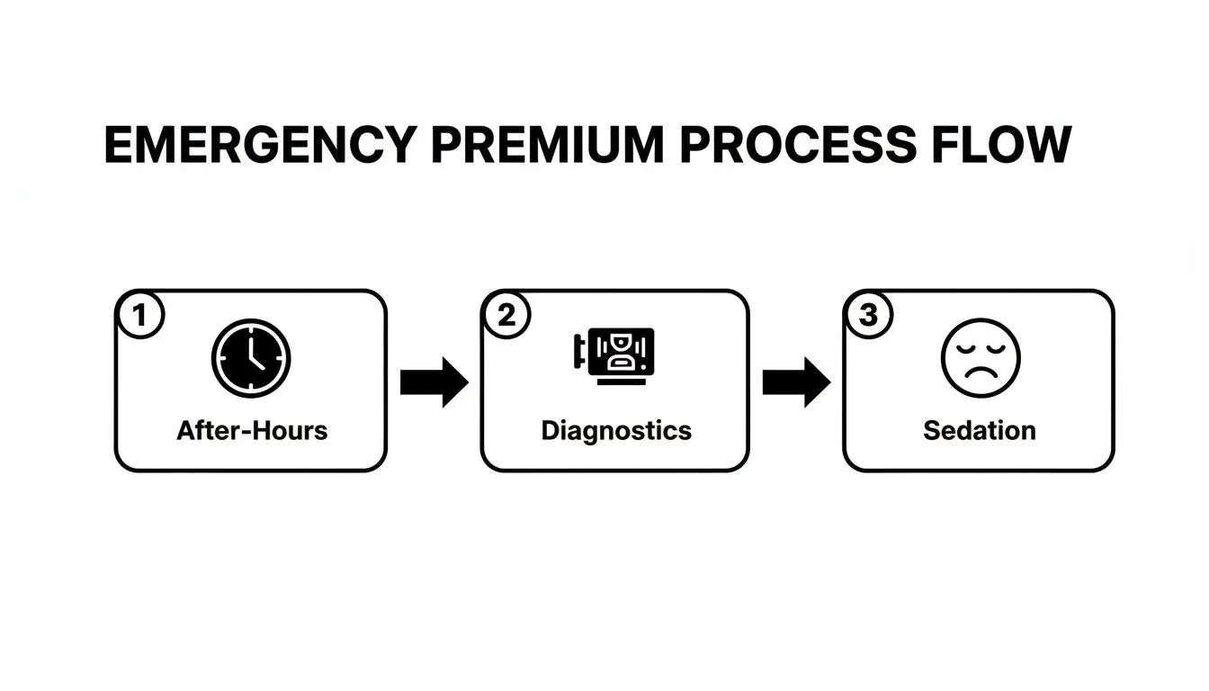 A process flow diagram illustrating three emergency premium steps: After-Hours, Diagnostics, and Sedation.