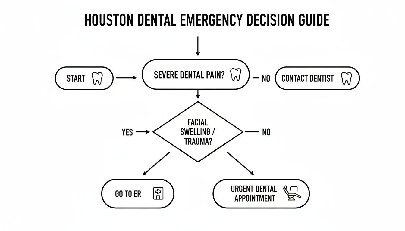 Flowchart: Houston Dental Emergency Decision Guide for severe pain, facial swelling, or trauma.