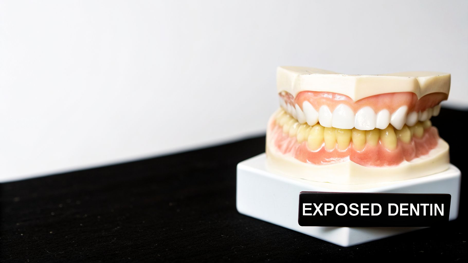 A detailed dental model displaying teeth and gums, with a prominent label indicating 'EXPOSED DENTIN'.