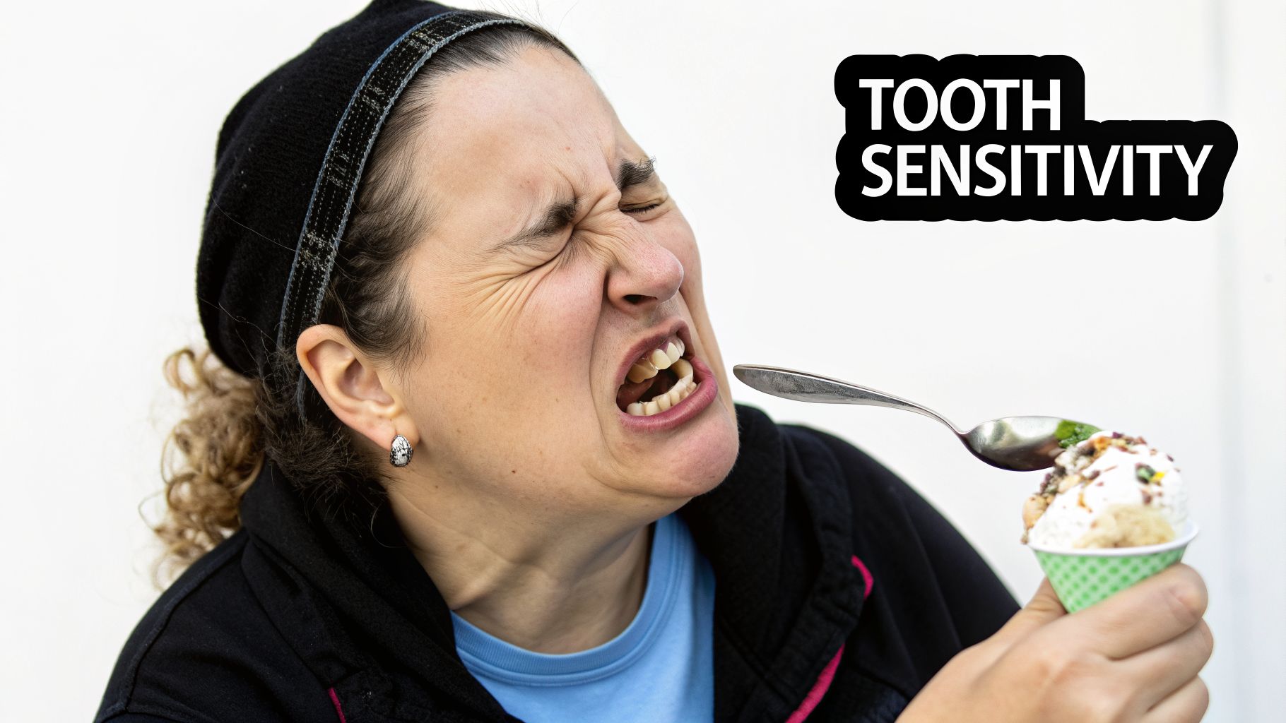 A woman grimaces in pain, eyes closed, as she eats ice cream, illustrating tooth sensitivity.