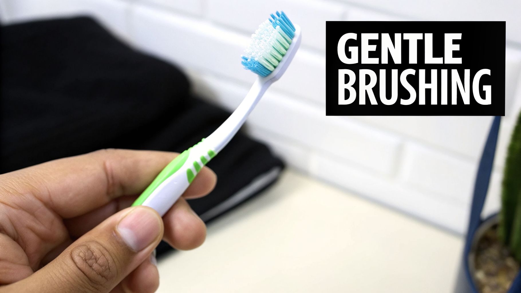 A hand holds a toothbrush with blue and white bristles, next to a black box with 'GENTLE BRUSHING' text.