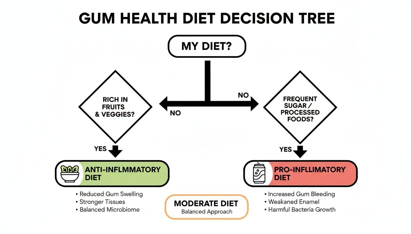 Decision tree on gum health diet, showing paths to anti-inflammatory, pro-inflammatory, or moderate diets.