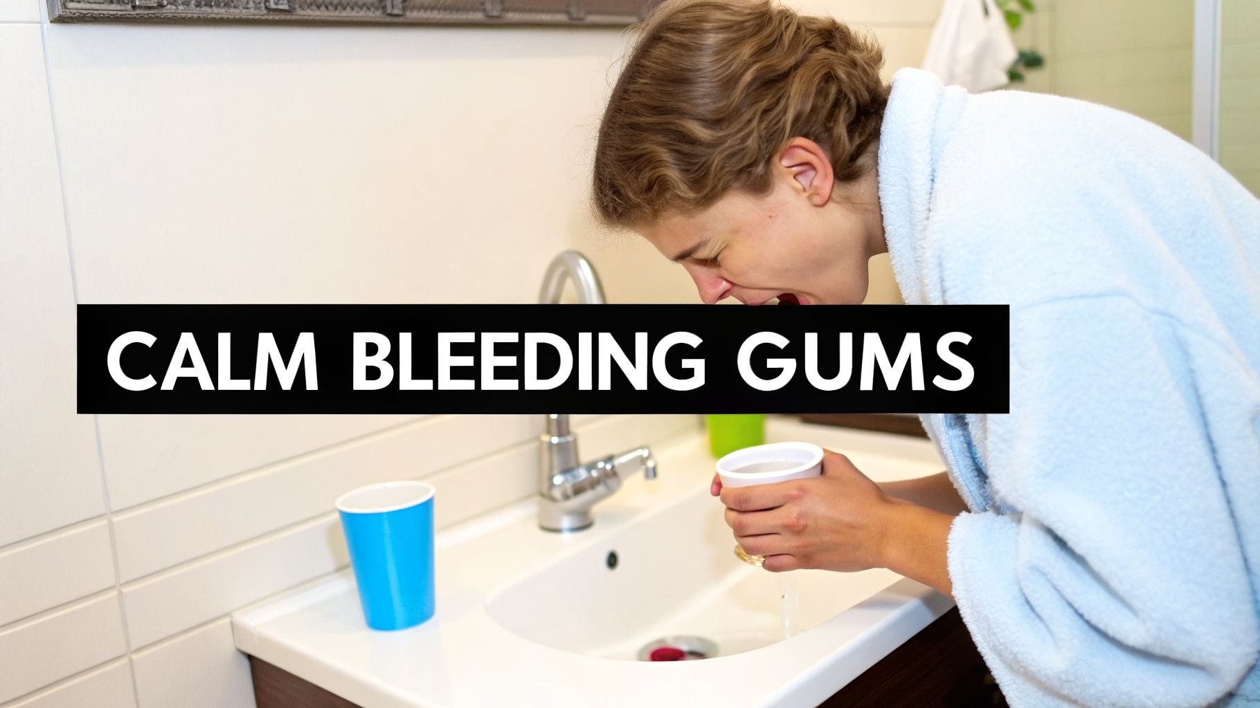 A person in a light blue robe rinsing their mouth over a sink with a cup, addressing bleeding gums.