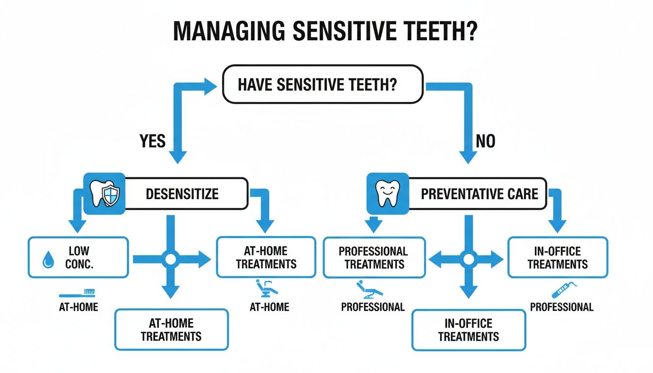 A flowchart illustrating management options for sensitive teeth, detailing at-home and professional treatments.