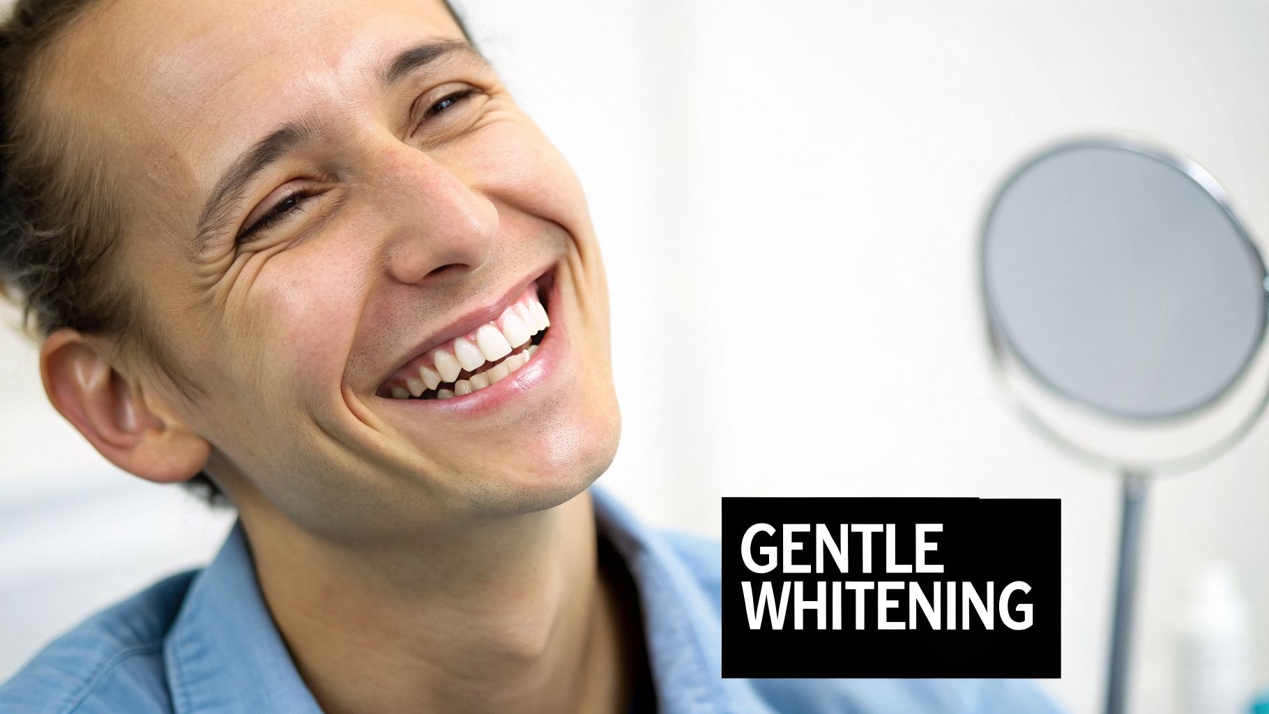Close-up of a smiling man with bright white teeth, featuring a 'GENTLE WHITENING' text overlay.