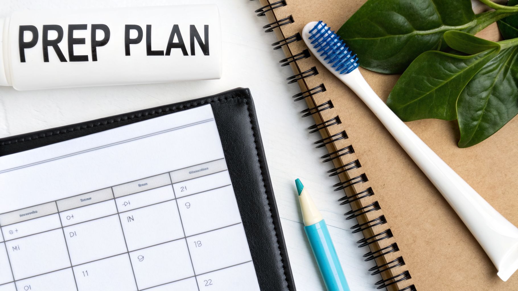 A flat lay showing a 'PREP PLAN' tube, a calendar, a toothbrush, a notebook, and a pen.