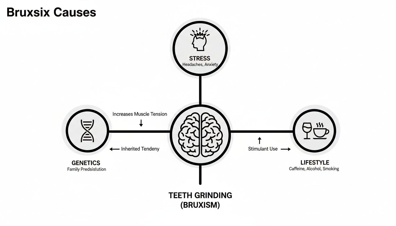 Diagram illustrating bruxism causes, including stress, genetics, and lifestyle factors like caffeine.