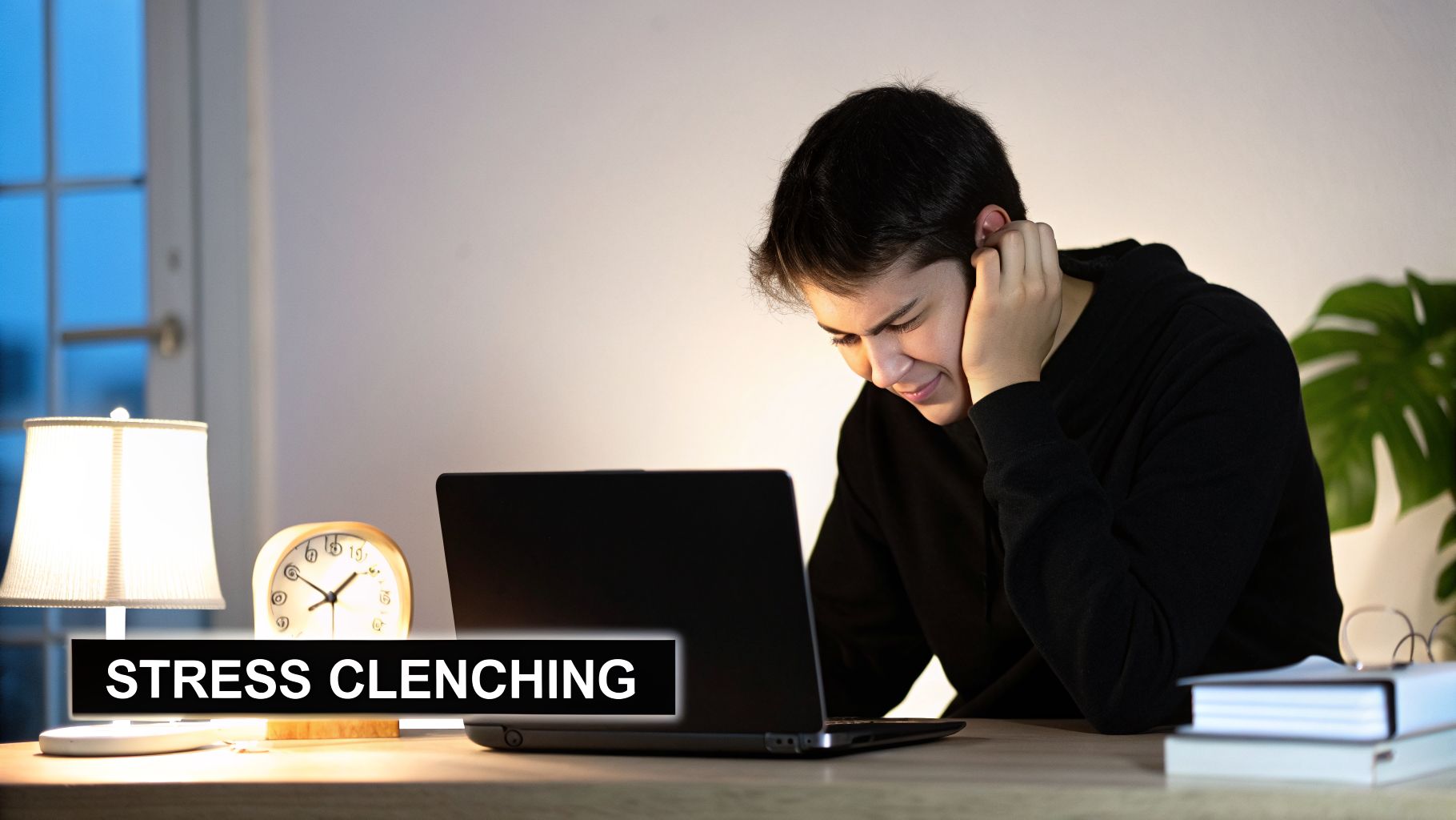 A young man appears stressed and clenches his jaw while looking at his laptop at a desk.