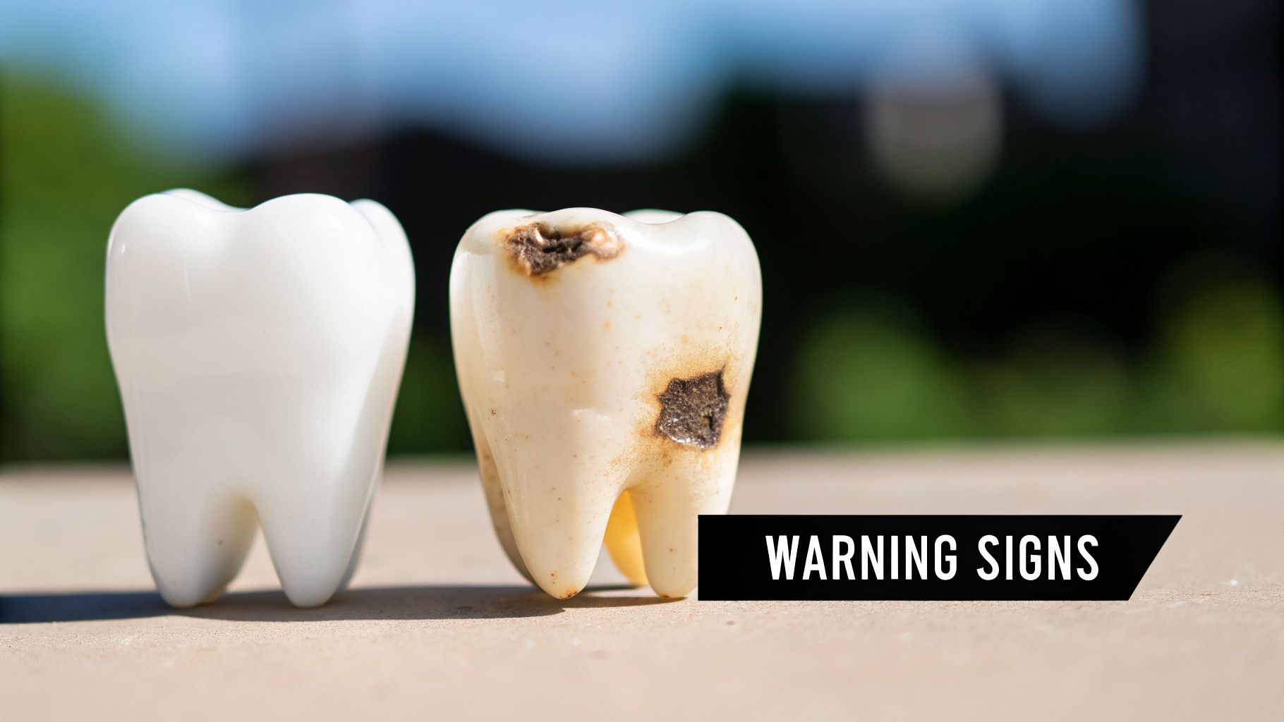 Models of a healthy white tooth next to a decayed tooth with warning signs banner.