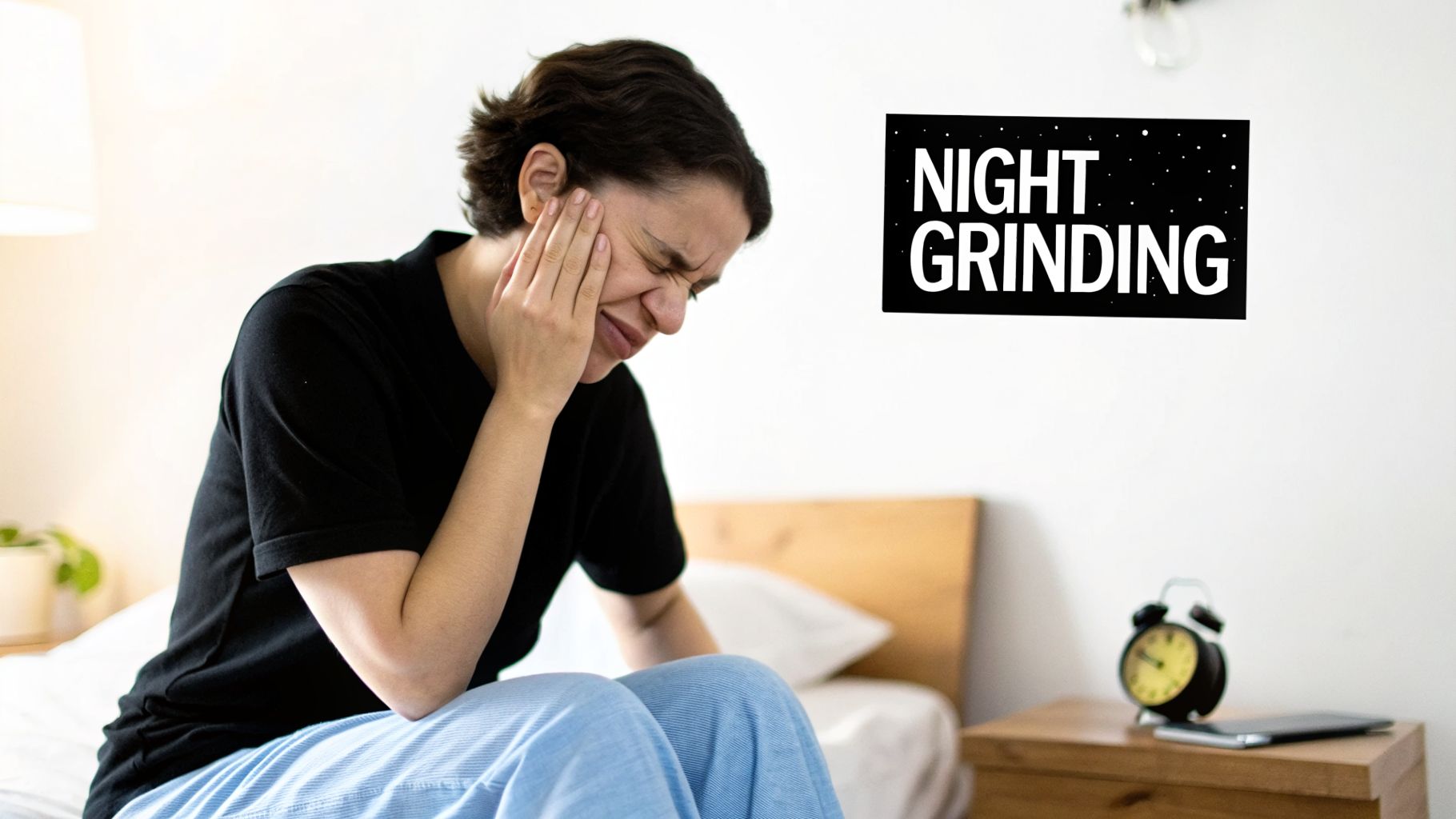 A woman experiencing jaw pain from night grinding, holding her face in discomfort.